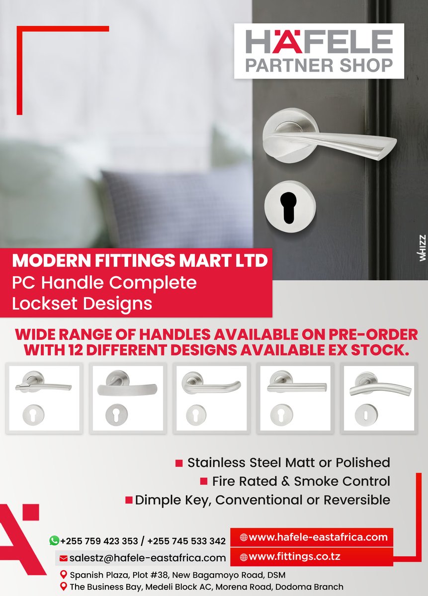 WhizzTanzania's tweet image. Style your #doors with #HAFELE's premium PC Handle #Locksets. 🚪 
Choose from 12 stunning designs in Stainless-Steel Matt or Polished finishes. HAFELE locksets offer fire resistance &amp;amp; smoke control. 
🌐 hafele-eastafrica.com | fittings.co.tz
#hardware #doorhandles