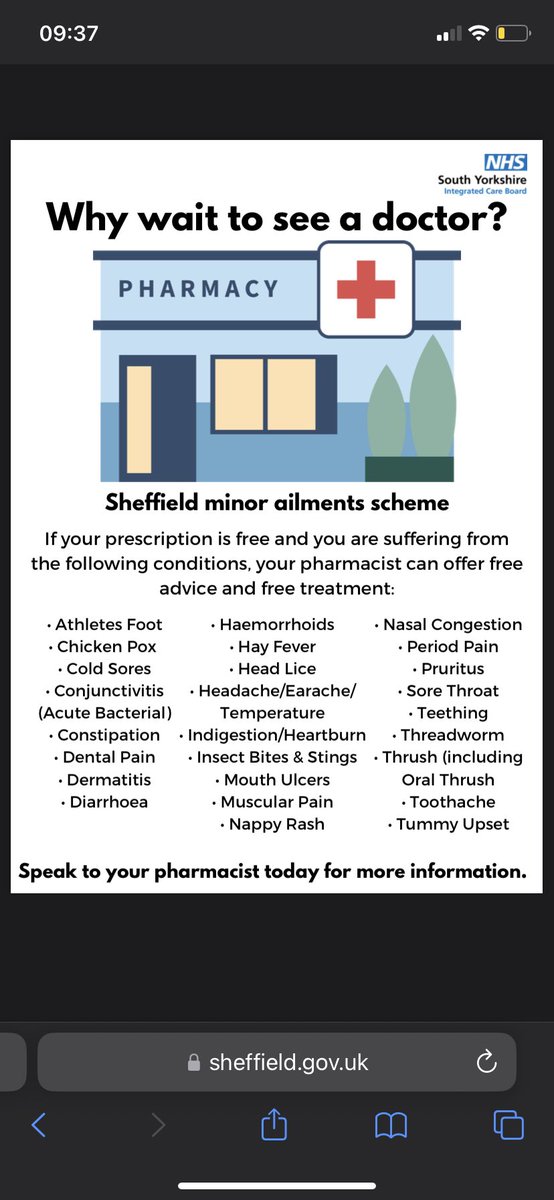 Below is a list of ailments you can ALREADY be treated for at your local pharmacy without needing to see a doctor in Sheffield.

This seems contrary to the Prime Minister’s <a href="/RishiSunak/">Rishi Sunak</a> ‘new’ plans.

#nhs #healthcare #Sheffield