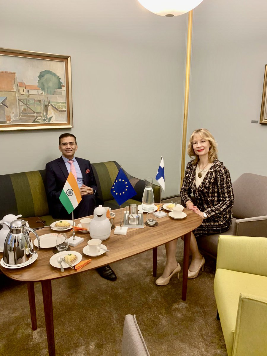 Excellent meeting with Member of Parliament and Chair of Social Democratic Party @Demarit Parliamentary Group @TyttiTup. Exchanged notes on 🇮🇳🇫🇮 bilateral ties, and also shared our perspectives on the present global situation. @IndEmbFinEst