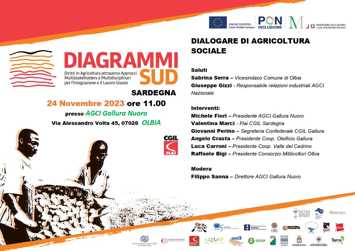 Si terrà ad Olbia il Seminario sull'agricoltura sociale organizzato da AGCI/CRIS nell'ambito del Progetto <a href="/DiagrammiSud/">Progetto Diagrammi SUD</a> . L’evento avrà luogo presso la sede di AGCI Gallura Nuoro venerdì 24 novembre alle ore 11.00.