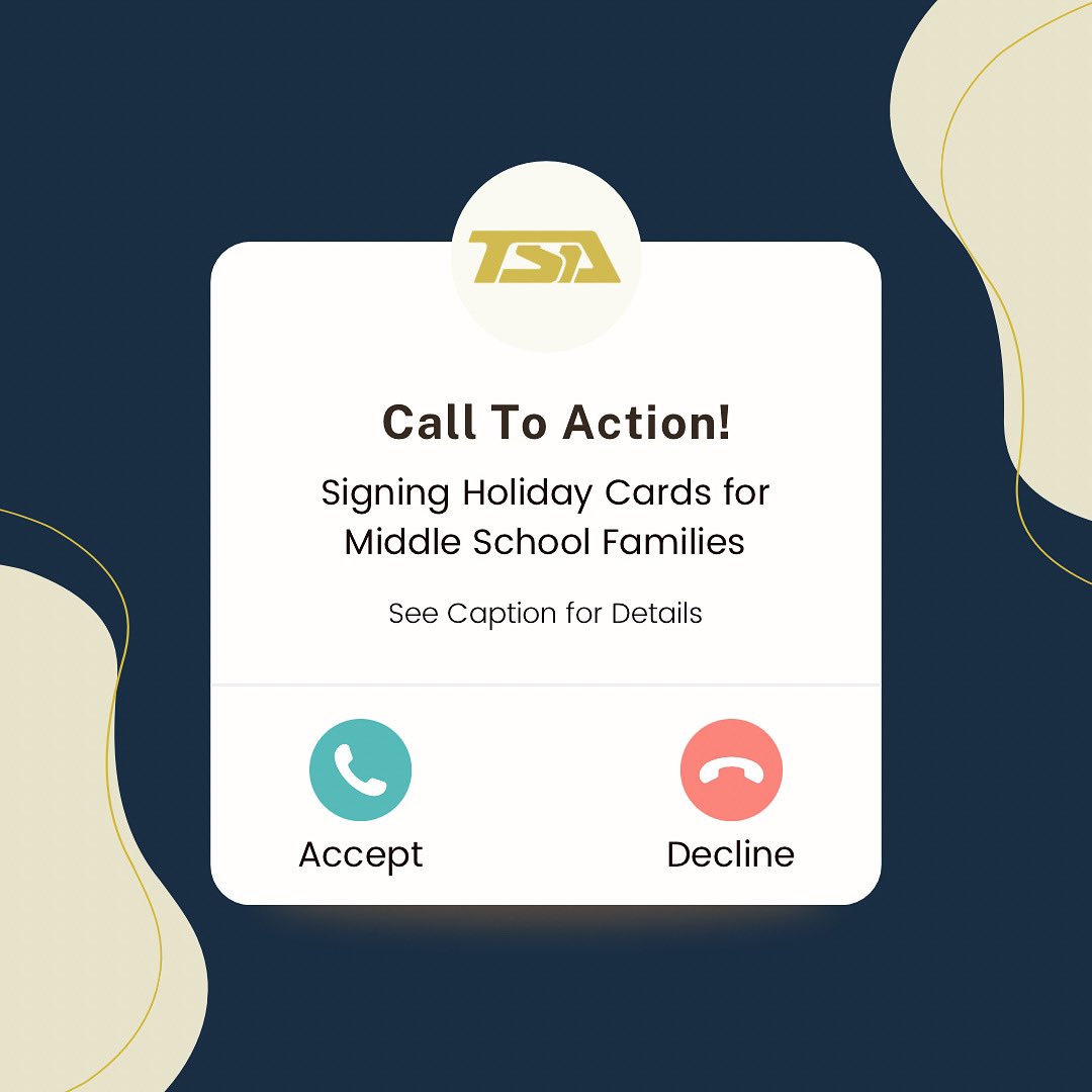 ImpactTsa's tweet photo. @GlobalImpactAc1 TSA Members- t’s time for some community service! 

Renaissance Middle School has identified some families that are in need of some holiday cheer so we have received a Call To Action to help them out. (1/2) https://t.co/pSCMcJU1gm