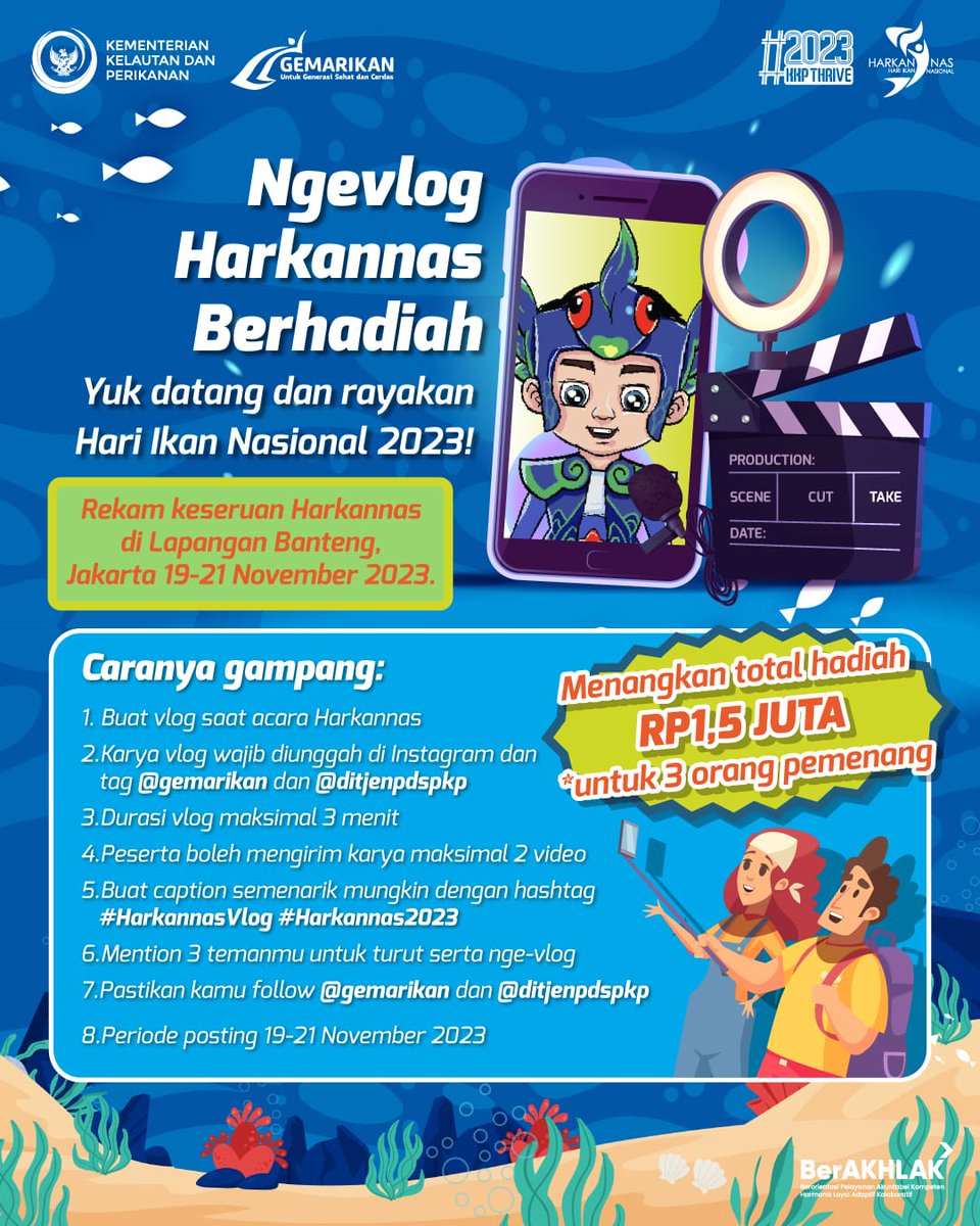 Ditjen_PDSPKP's tweet photo. Ngevlog di acara Harkannas dapat hadiah? Bisa banget!! 🥳

datang &amp; rayakan Hari Ikan Nasional 2023 di Lapangan Banteng, Jakarta  19-21 November 2023. Jangan lupa buat vlog saat acara berlangsung dan menangkan hadiahnya!

#KKP #KKPThrive #Harkannas2023 #IkanUntukGenerasiEmas https://t.co/tUpjIatNeK