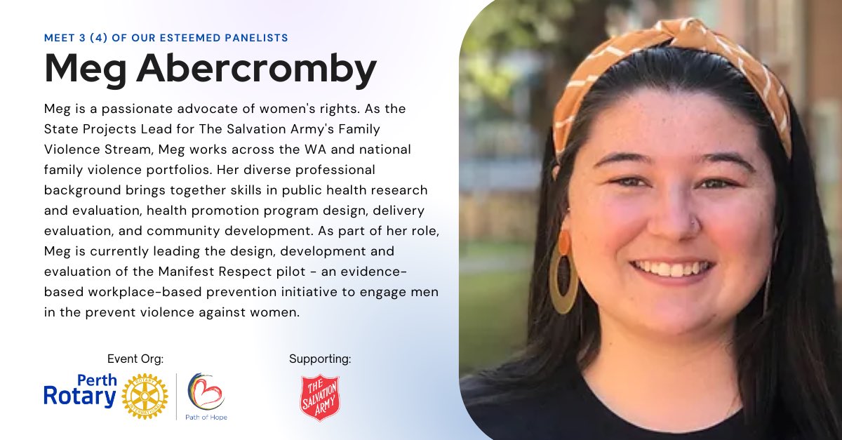 PathOfHopeInc's tweet photo. 📢 Meet Our Esteemed Panelists 📢
Meg is a passionate advocate of women's rights. As the State Projects Lead for The Salvation Army's Family Violence Stream, Meg works across the WA and national family violence portfolios.

🔗 https://t.co/xgXGgFno2Y https://t.co/FZLFsAlvol