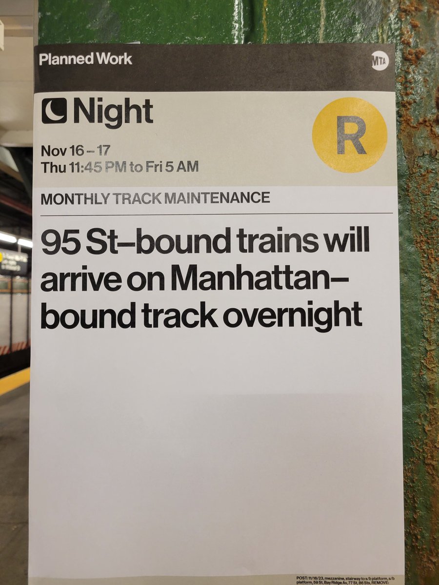 LexOrlov's tweet photo. @NYCTSubway just want to let you know that all the signs at 59th, Bay Ridge Ave, and 86th say that 95th street bound R trains will stop on the Manhattan bound track tonight, but they're stopping on the 95th Street bound side. Really confusing and almost missed my train https://t.co/rDL64p9q3K