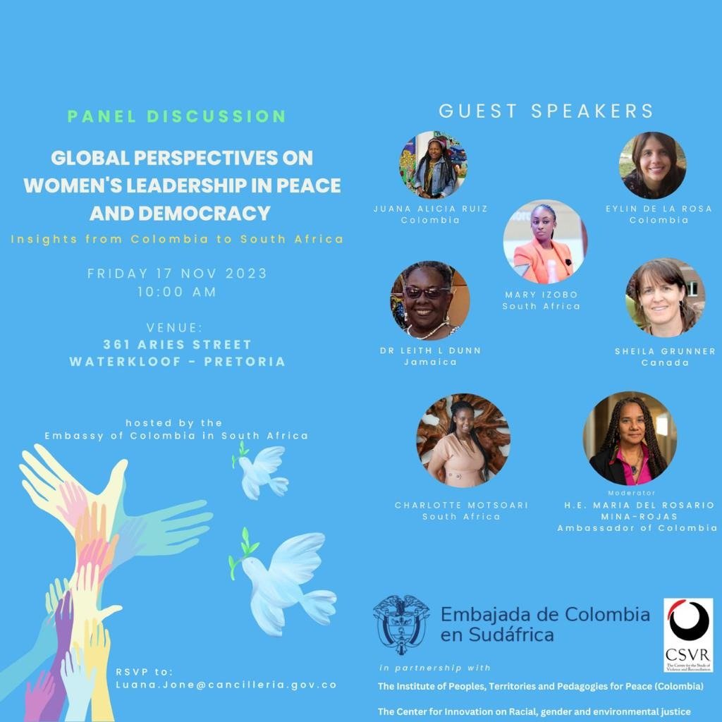 Viernes 17 10:00 am Sudáfrica/3:00 am Colombia, estaremos dialogando sobre el trabajo de las mujeres en los dos países para generar condiciones que contribuyan a vivir en paz <a href="/ComisionadoPaz/">Consejería Comisionada de Paz</a> <a href="/ViceColombia/">Vicepresidencia Colombia</a> <a href="/infopresidencia/">Presidencia Colombia 🇨🇴</a> <a href="/CancilleriaCol/">Cancillería Colombia</a> <a href="/_CSVR/">Centre for the Study of Violence & Reconciliation</a> <a href="/DIRCO_ZA/">DIRCO South Africa</a> <a href="/VigiaAfro/">VigiaAfro</a> <a href="/renacientes/">PCN</a>