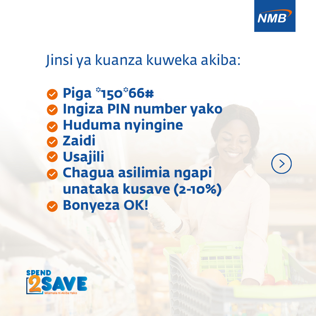 NMBTanzania's tweet photo. Disemba inakuwa ya ku-remember kama una maokoto!
Anza kuweka akiba kila unapofanya miamala kwa kujiunga na Spend2Save inayokupa uhuru wa kuchagua uweke asilimia 2 hadi 10 ya malipo yako.
#Spend2Save #NMBKaribuYako https://t.co/HyUZrBAkjW