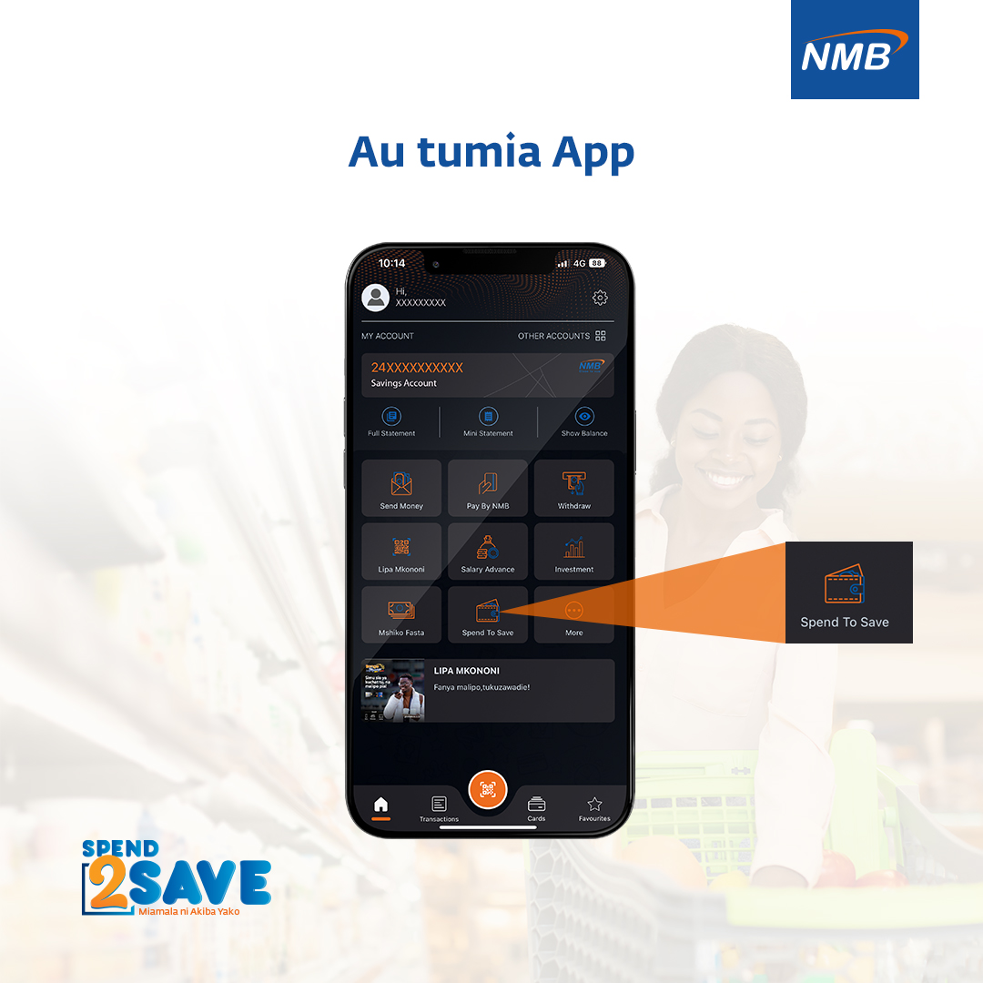 NMBTanzania's tweet photo. Disemba inakuwa ya ku-remember kama una maokoto!
Anza kuweka akiba kila unapofanya miamala kwa kujiunga na Spend2Save inayokupa uhuru wa kuchagua uweke asilimia 2 hadi 10 ya malipo yako.
#Spend2Save #NMBKaribuYako https://t.co/HyUZrBAkjW