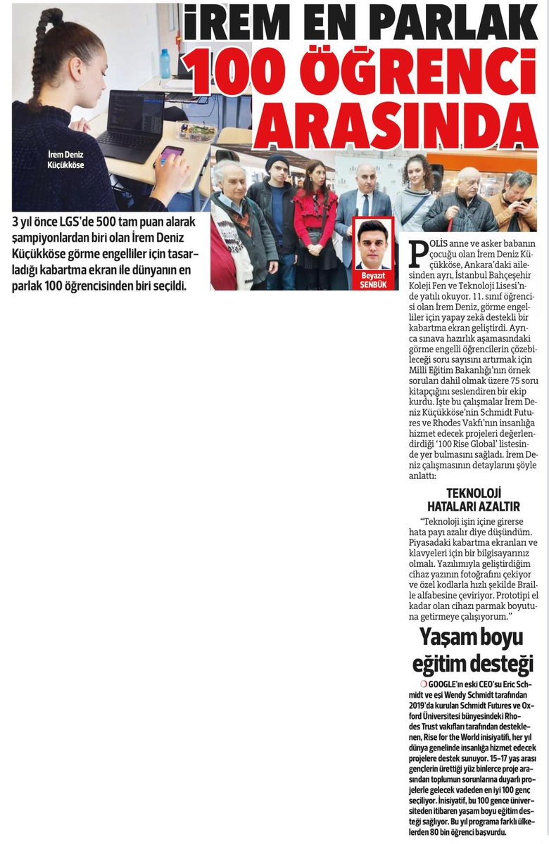bahcesehir_k12's tweet photo. “Görme engelliler için tasarladığı kabartma ekran ile dünyanın en parlak 100 öğrencisinden biri seçilen Kemerburgaz Fen ve Teknoloji Lisesi öğrencimiz İrem Deniz Küçükköse başarı hikayesini @Hurriyet ‘e anlattı.

#BahçeşehirKoleji https://t.co/Huewd1cj8Y