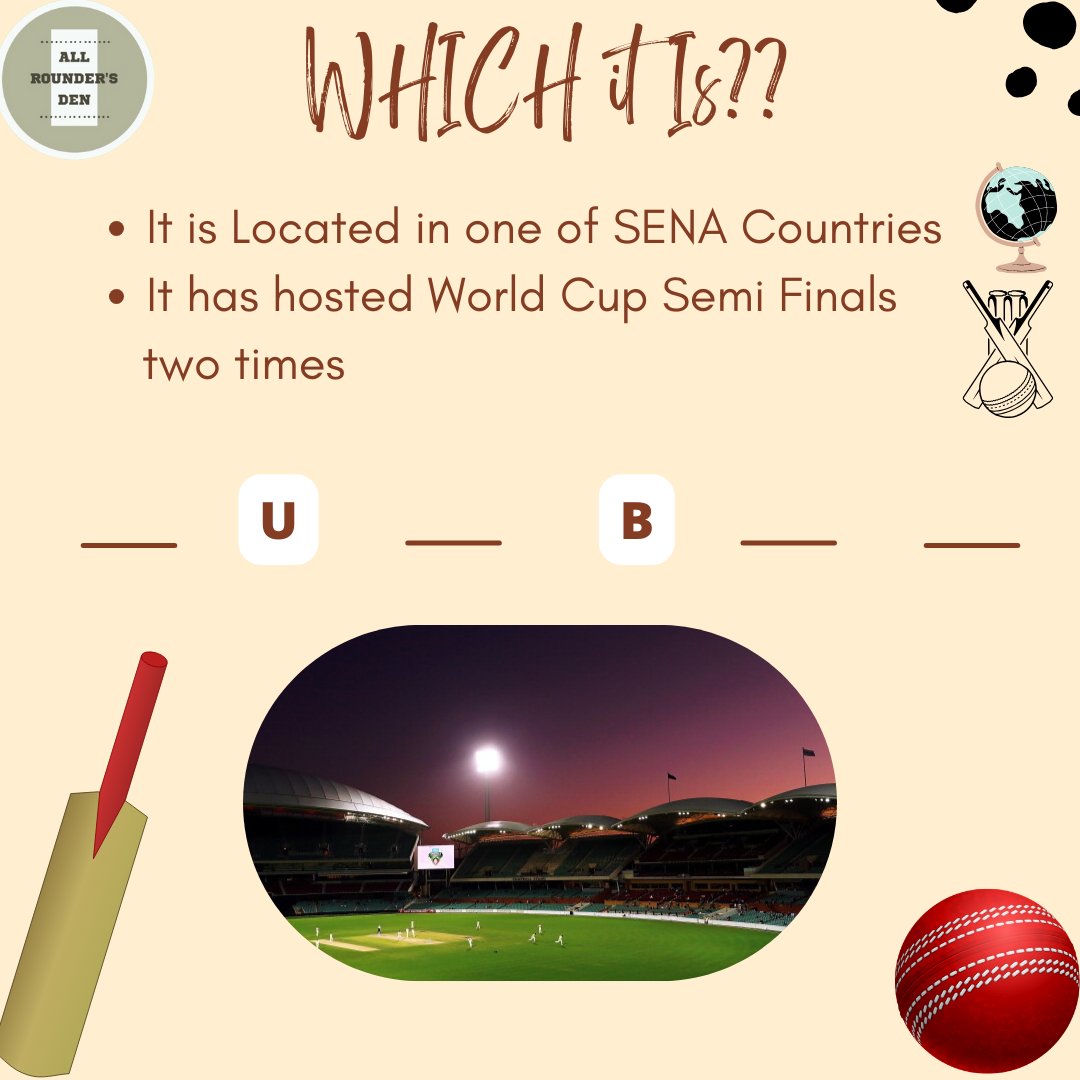 FOR A CHANGE, Today's ARD Trivia is about CRICKET VENUS🤗

So can you figure out this stadium??

#CWC23 #CricketWorldCup2023 #CWC2023 #SAvsAUS #INDvsNZ #NZvsIND #SAvAUS #BabarAzam #ICC #Semifinals #Cricket #CricketTwitter ||ARD