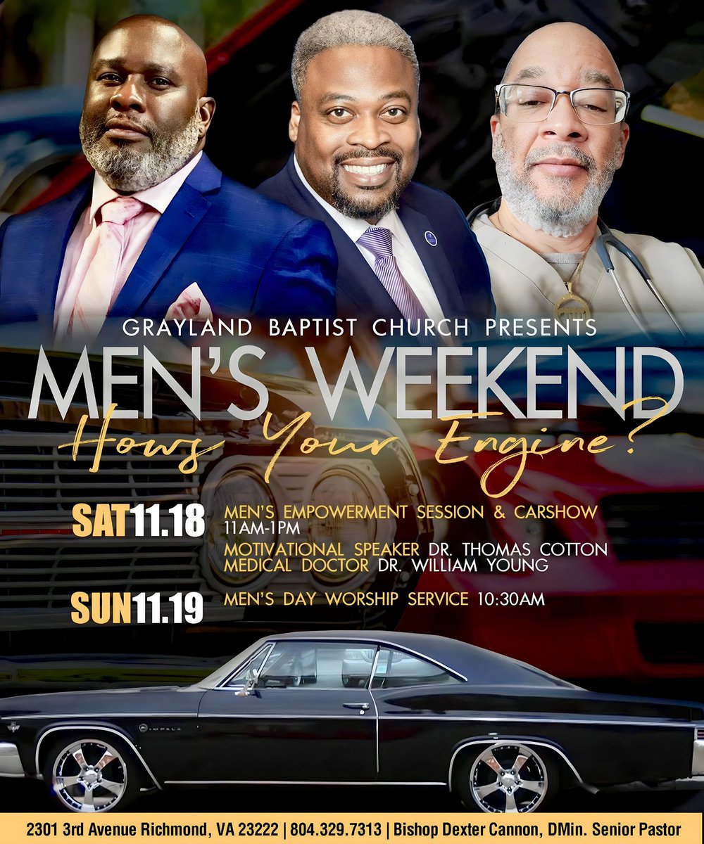 DexterCannon's tweet photo. Join us this Saturday for Men’s Weekend for a Car Show and Men’s Empowerment Session with culminating worship on Sunday. https://t.co/CFGxGamj9Y