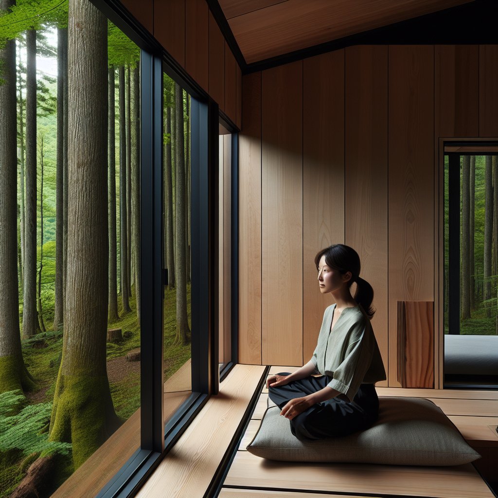 森の中に佇む、静謐の庵。Within the forest sanctuary, serenity whispers. #AIGC #OpenAI #texttoimage #InteriorDesign #NatureLiving