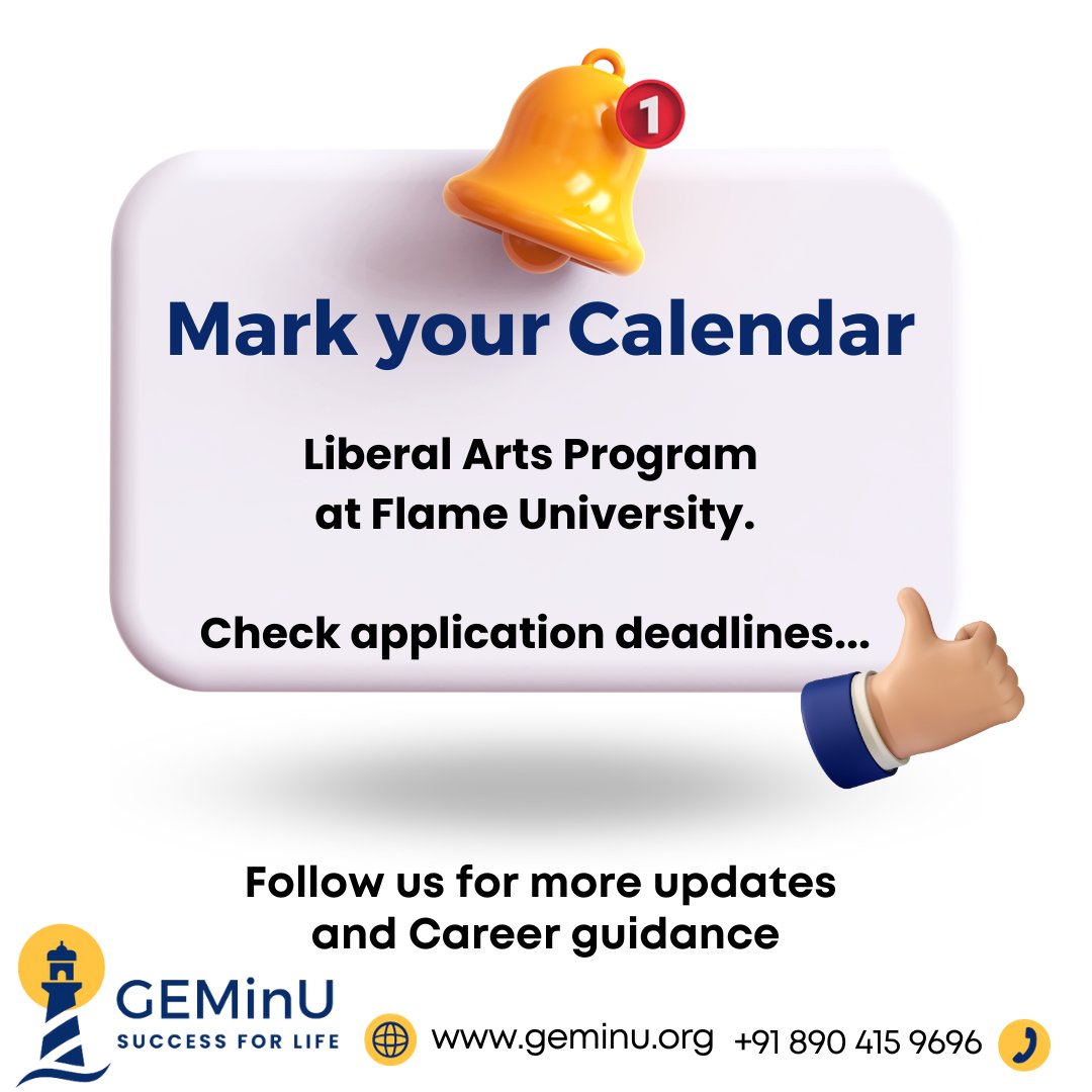 GEMinU3's tweet photo. Liberal arts and sciences education at Flame University
Last date to apply for early decision: 3rd Dec, 2023
Last date to apply for cycle 1: 7th Jan, 2024
Last date to apply for cycle 2: 4th Feb, 2024
Website: https://t.co/1aOtgVRQQ7
#geminuccc #career #exams https://t.co/9DpHruUybO