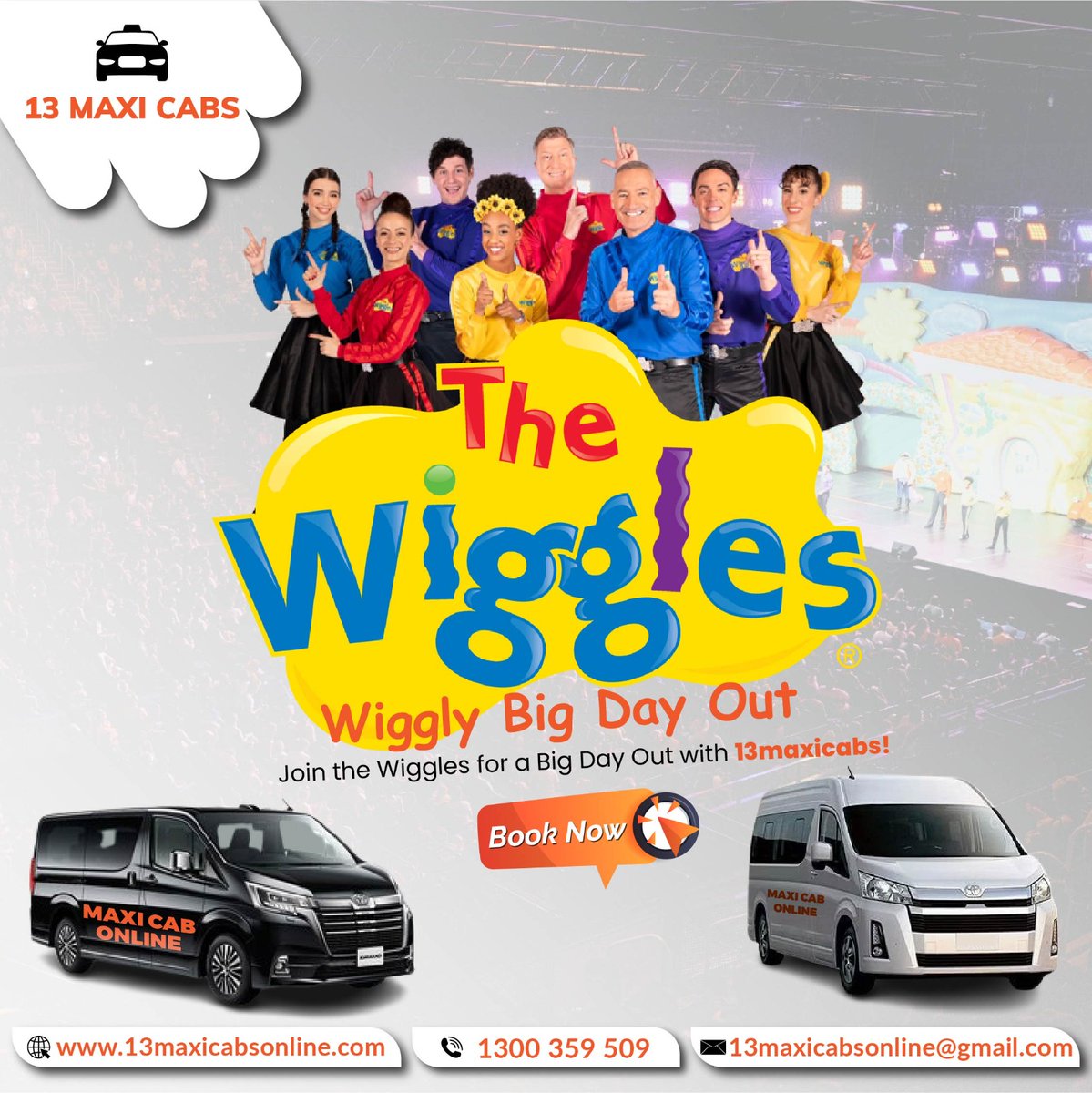 CabSydney's tweet photo. Get ready to Wiggle your way to fun and adventure with The Wiggles! Book with 13maxicabs.    
 For bookings:
📞call: 1300 359 509
✉️ Email: 13maxicabsonline@gmail.com
🌐 Visit: https://t.co/PEDLis5Hbt
#WiggleWith13maxicabs #BigDayOut #taxi #cab #Enjoy #Sydney https://t.co/GGaRyTJWXq