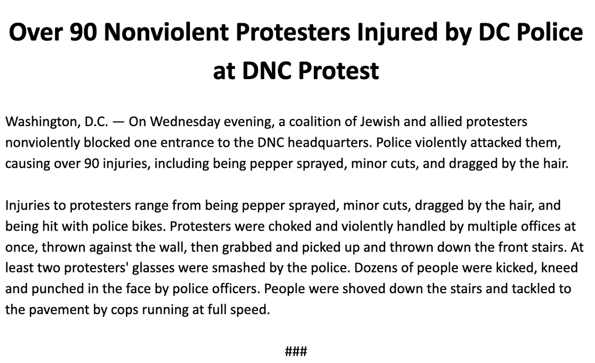 Our statement on the violent police response to our nonviolent protest with @JvpAction & @DemSocialists at @TheDemocrats HQ. Police injured 90+ protesters, with injuries ranging from being pepper sprayed, dragged by the hair, choked, thrown down stairs, and punched in the face.