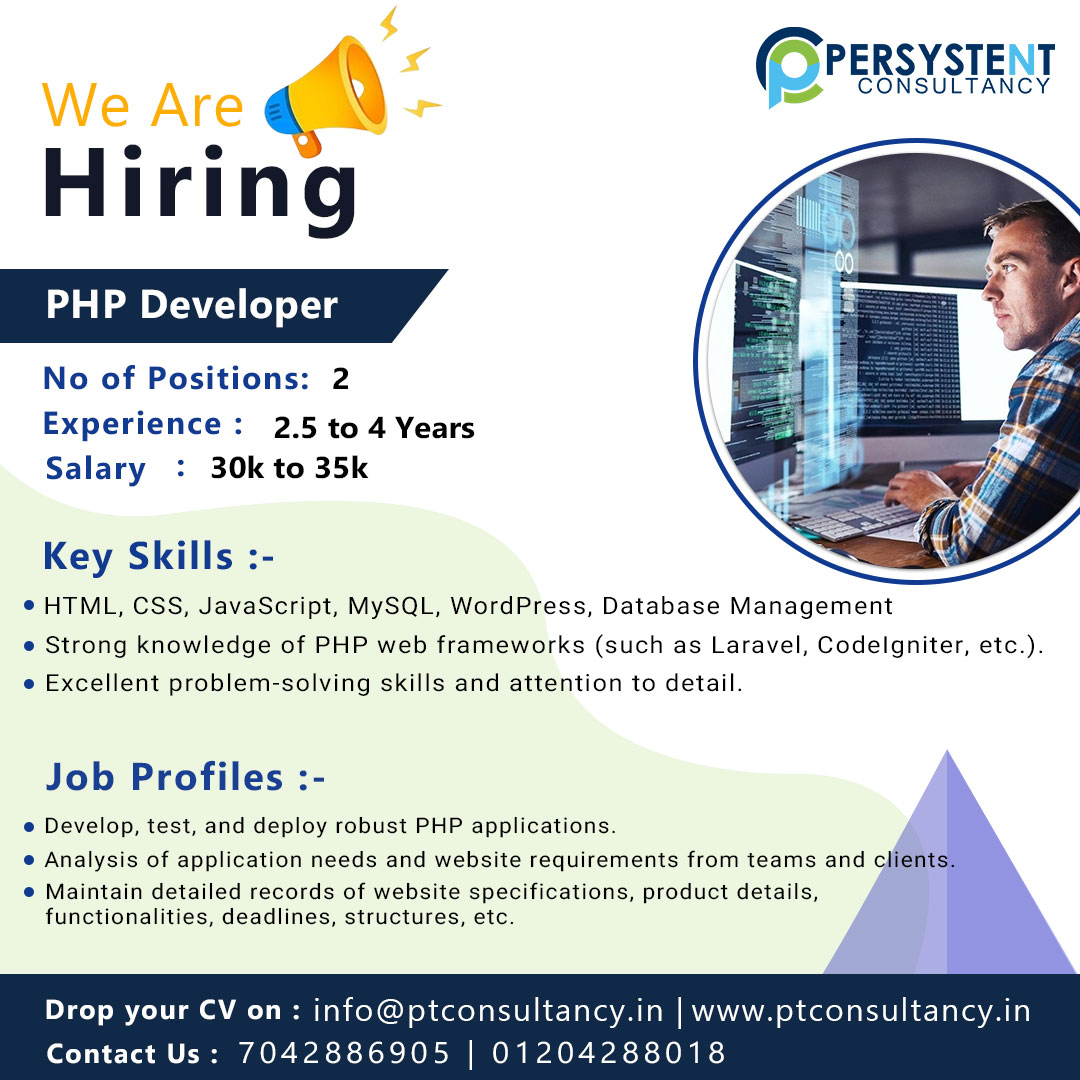 ptconsultancy1's tweet image. Hiring PHP Developer
Experience - 2.5 to 4 years
Salary - 30K to 35K
Apply at link :-bit.ly/we-are-hiring-…
Location - Noida
Key Skills:- HTML, CSS, JavaScript, MySQL, WordPress, Database Management, PHP Frameworks
Mail id:- ptcon2020@gmail.com
#hiringphpdeveloper #html #java