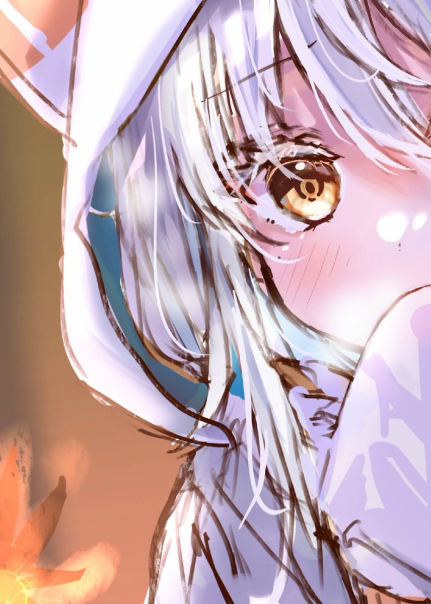 1girl solo hood blush hood up looking at viewer white hair  illustration images