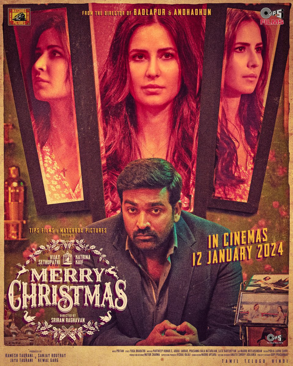 taran_adarsh's tweet photo. KATRINA KAIF - VIJAY SETHUPATHI: ‘MERRY CHRISTMAS’ TO NOW ARRIVE ON 12 JAN 2024... 12 Jan 2024 is the new release date of #MerryChristmas, which teams #KatrinaKaif and #VijaySethupathi for the first time… #NewPosters…

“We have made this film with a lot of love and passion, like every filmmaker does. However, with back-to-back movie releases and packed last two months of 2023, we have taken the decision to bring our film to theatres on 12 Jan 2024”, the official statement reads.

#MerryChristmas - directed by #SriramRaghavan - is shot in two languages [#Hindi and #Tamil], with different supporting actors.

Produced by #RameshTaurani, #JayaTaurani, #SanjayRoutray and #KewalGarg.
#TipsFilms #MatchboxPictures