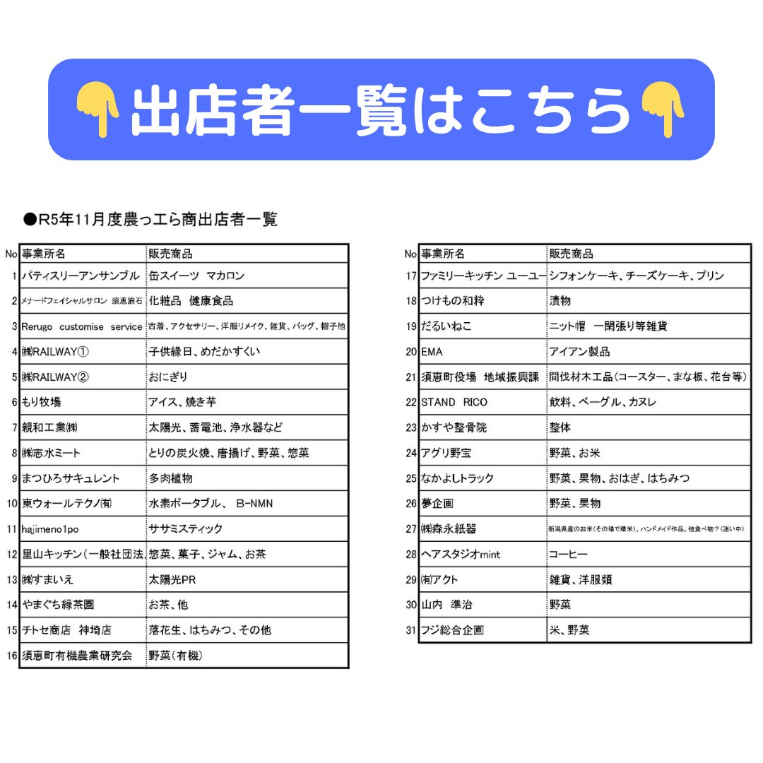 📣11/19（日）　軽トラ市開催！📣

11月の須恵軽トラ市のお知らせです！
 
今回アンケートにお答えいただいた方先着100名様へ
『カネシチ今泉醤油醸造㈲のお醤油🥜』10:00～
『パティスリーアンサンブルのクッキー🍪』11:30～
をプレゼントします！
 
今週末はぜひ須恵軽トラ市にお集まりください🥰