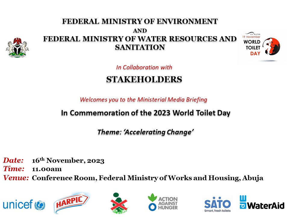 #WorldToiletDay commemoration Joint Press Briefing by the Honourable Minister of Water Resources &amp; Sanitation @jtutse_ and the Honourable Minister <a href="/FMEnvng/">Environment Ministry</a> at the Conference room of <a href="/FMWNIG/">Federal Ministry of Works</a> , Mabuchi by 11.00am. #WorldToiletDay2023
#SanitationForAll
