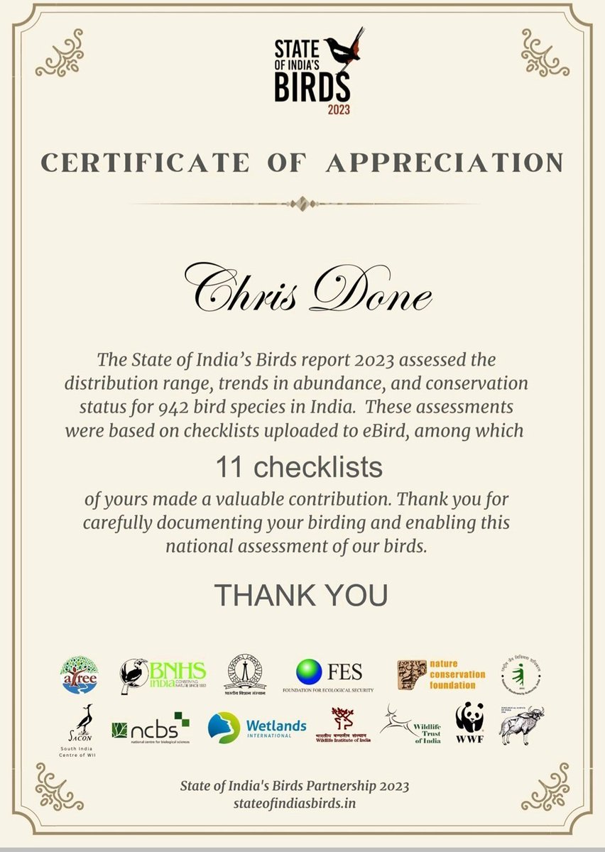 A little thank you from State of India's Birds, after posting 11 checklists with ebird. Over four years since my last visit to Bogmalo/Panjim during my cabin crew days with Thomas Cook Airlines I will get back one day #SoIB #ebird #Tcx #Tcxmemories