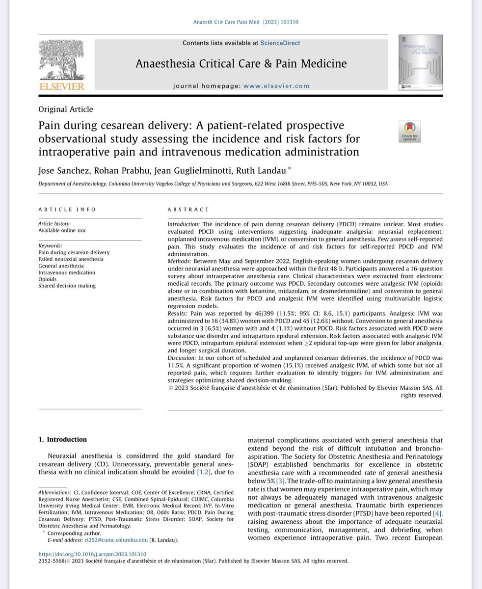 ruthi_landau's tweet photo. Our @ColumbiaObAnes study on pain during cesarean delivery #PDCD published in @AccpmJ
🙏🏻 @SusannaStanford
✅ 11.5% reported #PDCD
✅ 15.1% received IV analgesic medication (31% received IV adjuvants)
✅ Not all in pain received IV analgesics …
https://t.co/xRAb6YwvRI https://t.co/07xbXoDu2f