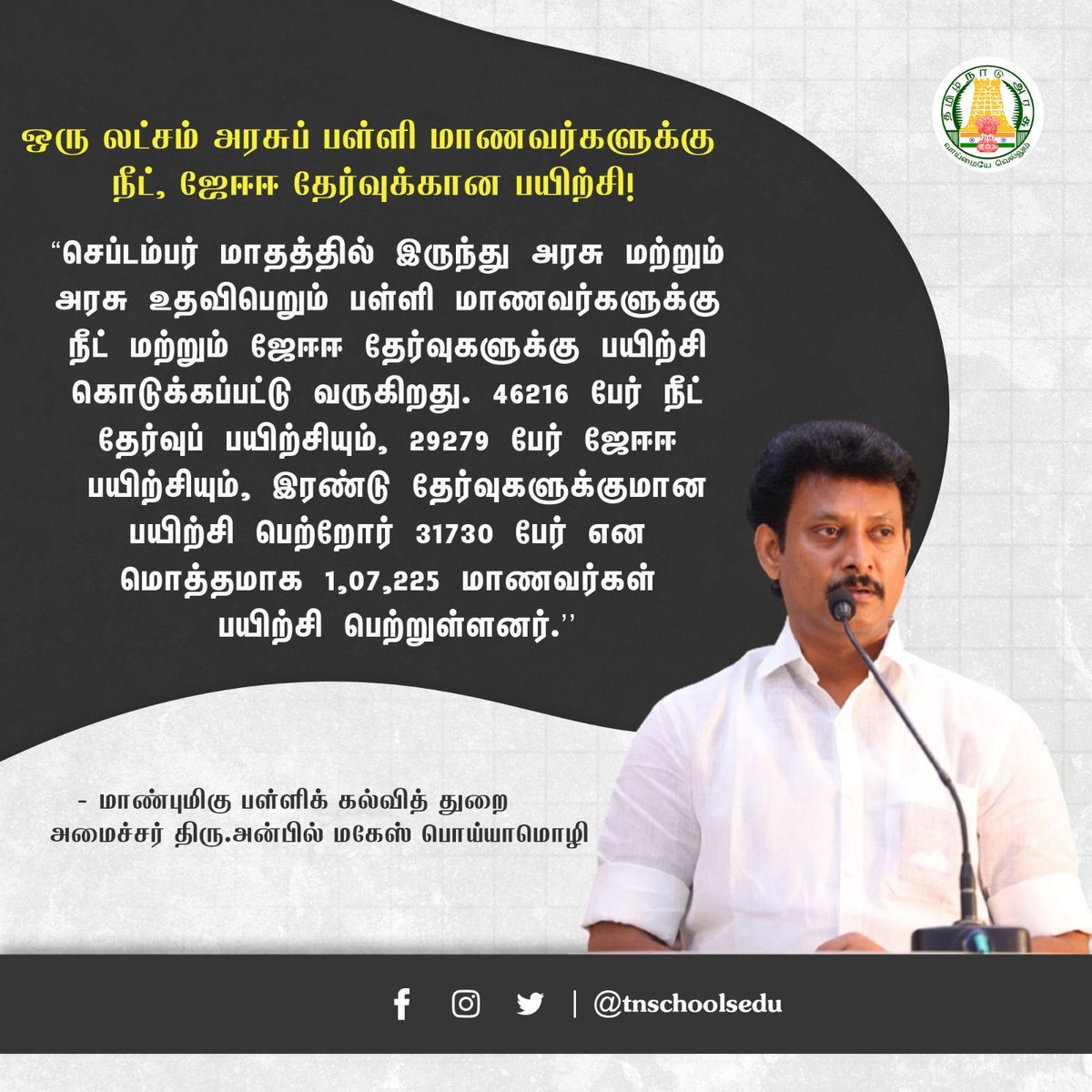 tnschoolsedu's tweet photo. ஒரு லட்சம் அரசுப் பள்ளி மாணவர்களுக்கு நீட், ஜேஈஈ தேர்வுக்கான பயிற்சி!
#TNGovtSchools | #Students | #Teacher | #GovtSchools | #TNSED | #NEET | #jeeexam | #exampractice | #examtraining | #EntranceExam | #TNEducation | #TNDIPR | #Arasupalli| #பள்ளிக்கல்வித்துறை
@anbil_mahesh https://t.co/fw5ySd8f5D