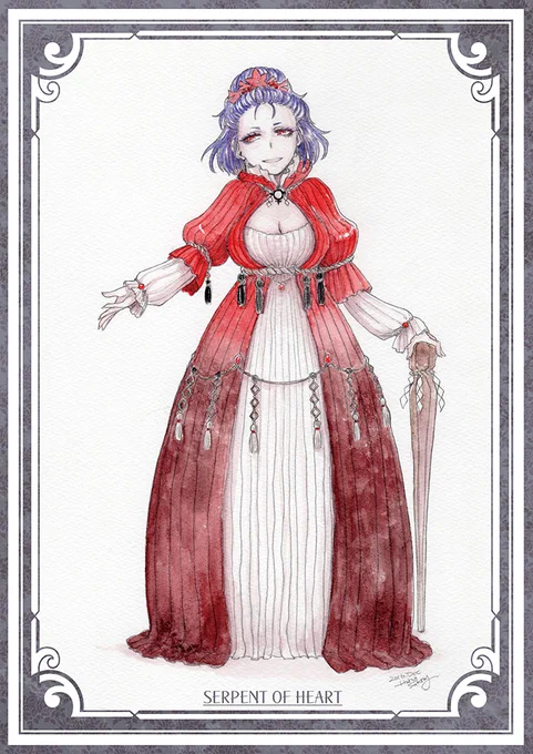 「赤口の花嫁」「SERPENT OF HEART」ドレスアレンジ。角隠し風諏訪子様&ハートのクイーン神奈子様。二人で手を繋げるように描きました。(過去絵再掲:2016年)#透明水彩 