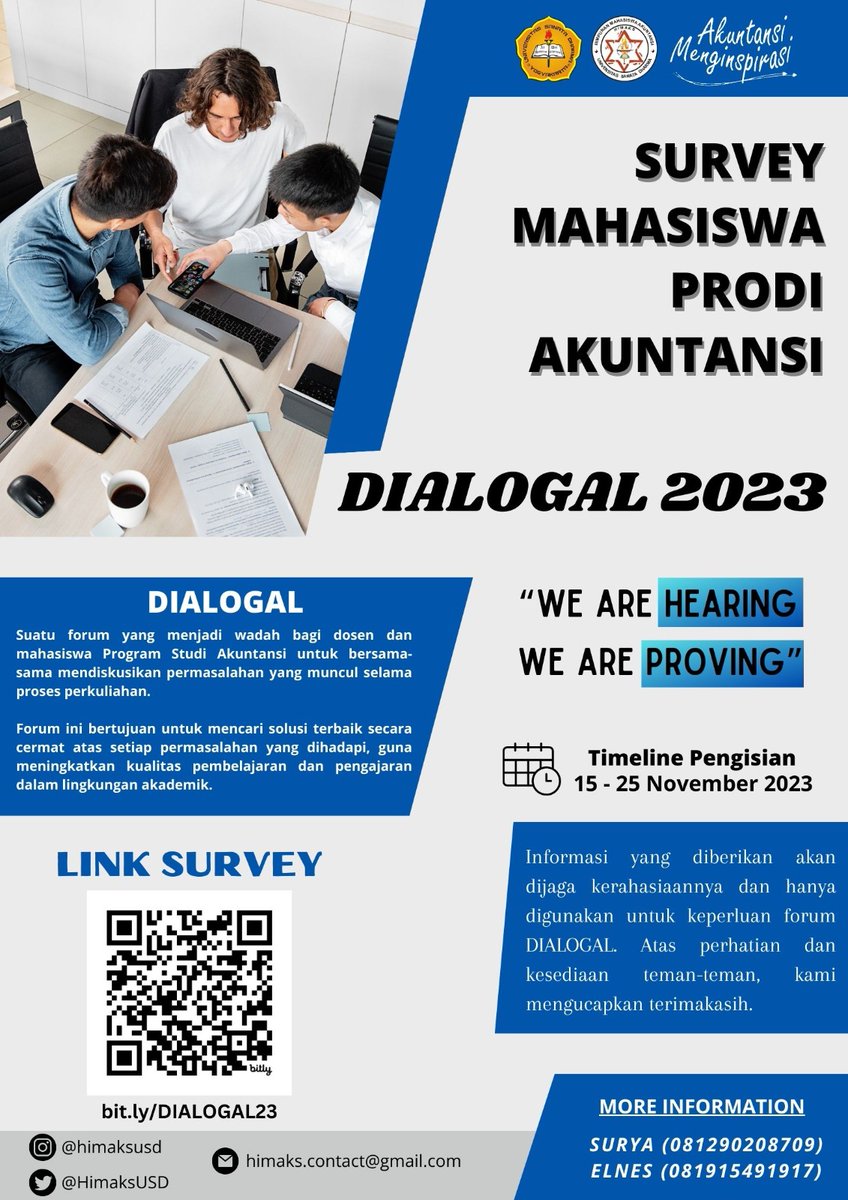 Halo warga Akuntansi! 🙋🏻‍♂️🙋🏻‍♀️ 

Kami dari HIMAKS, sedang mengadakan survei untuk acara DIALOGAL.
Kuesioner dapat diakses melalui tautan berikut:
📎 bit.ly/DIALOGAL23 

Atas perhatian dan partisipasinya, kami ucapkan terima kasih. 

Salam hormat, 
HIMAKS 2023