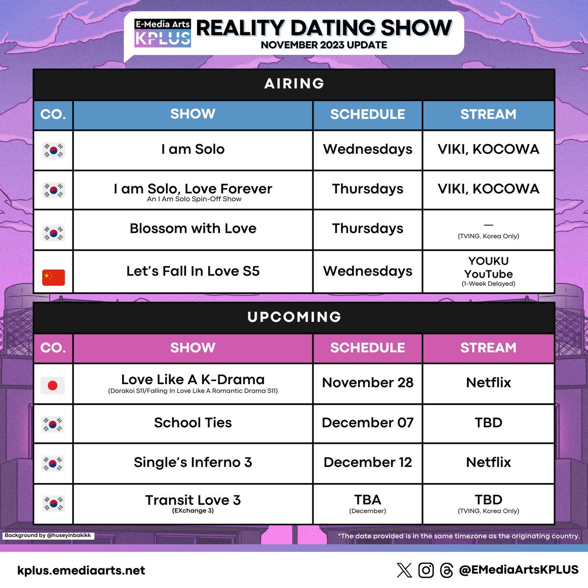 EMediaArtsKPLUS's tweet photo. [K+ REALITY DATING SHOW]
November 2023 

#AsianRealityDatingShow #KoreanDatingShow #JapaneseDatingShow #ChineseDatingShow #AsianDatingShows #IAmSolo #IAmSoloLoveForever #BlossomwithLove #LetsFallInLoveS5 #TransitLove3 #LoveLikeAKDrama #SinglesInferno3 https://t.co/rAG6Kmj1f6