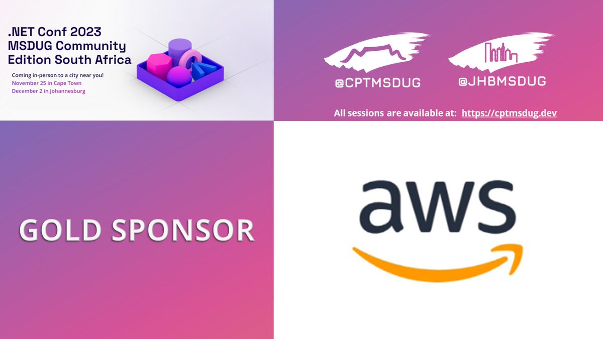 jhbmsdug's tweet image. Thank you to our Gold Sponsor @aws for again supporting the community + helping us make .NET Conf 2023 MSDUG Community SA a reality. Without our sponsors & speakers, community events would not be possible. Website: aws.amazon.com #DotNETConfSA #dotnetconf #dotnetonaws