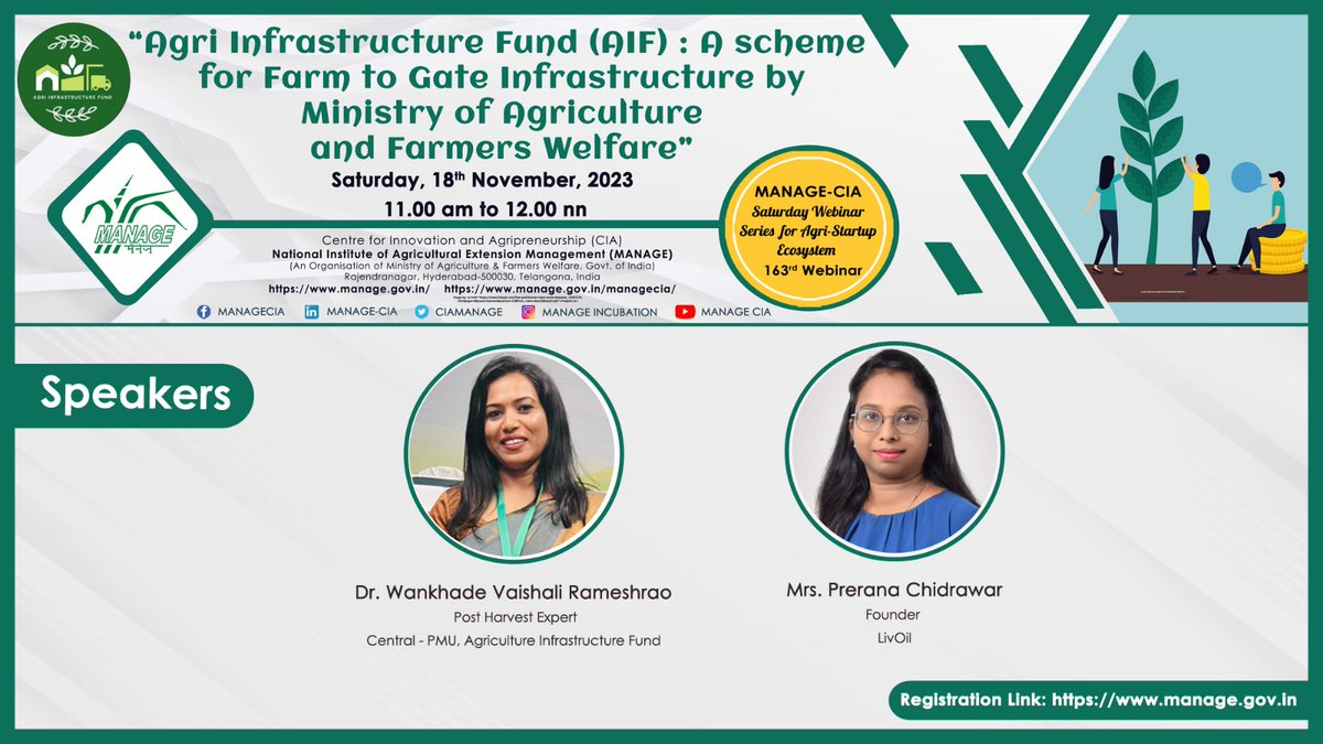 Join us for an insightful discussion on 'Agri Infrastructure Funds (#AIF): A #Scheme for Farm to Gate Infrastructure by the Ministry of Agriculture and Farmers Welfare'' hosted by MANAGE-CIA on Saturday, November 18th, 2023, at 11 AM IST. Link to Join: manageindia.webex.com/manageindia/j.…