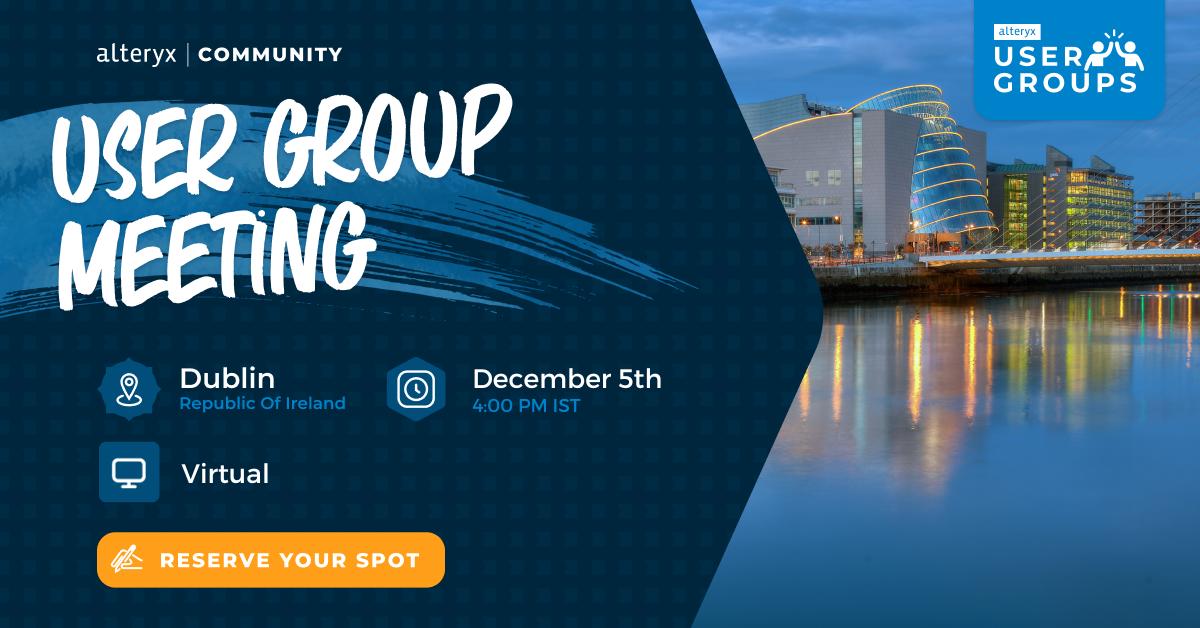 rbennington72's tweet image. Take a break from wrapping presents to wrap up 2023 with the Dublin #AlteryxUserGroup!

Alteryx ACEs will discuss innovation, building an engaged community, and how to optimize workflows!

Plus Q&amp;amp;A! 

🗓️ 12/5
⏰ 4pm IST
📍Virtual

Click &quot;Yes&quot;: ow.ly/LIPR1050Zyt