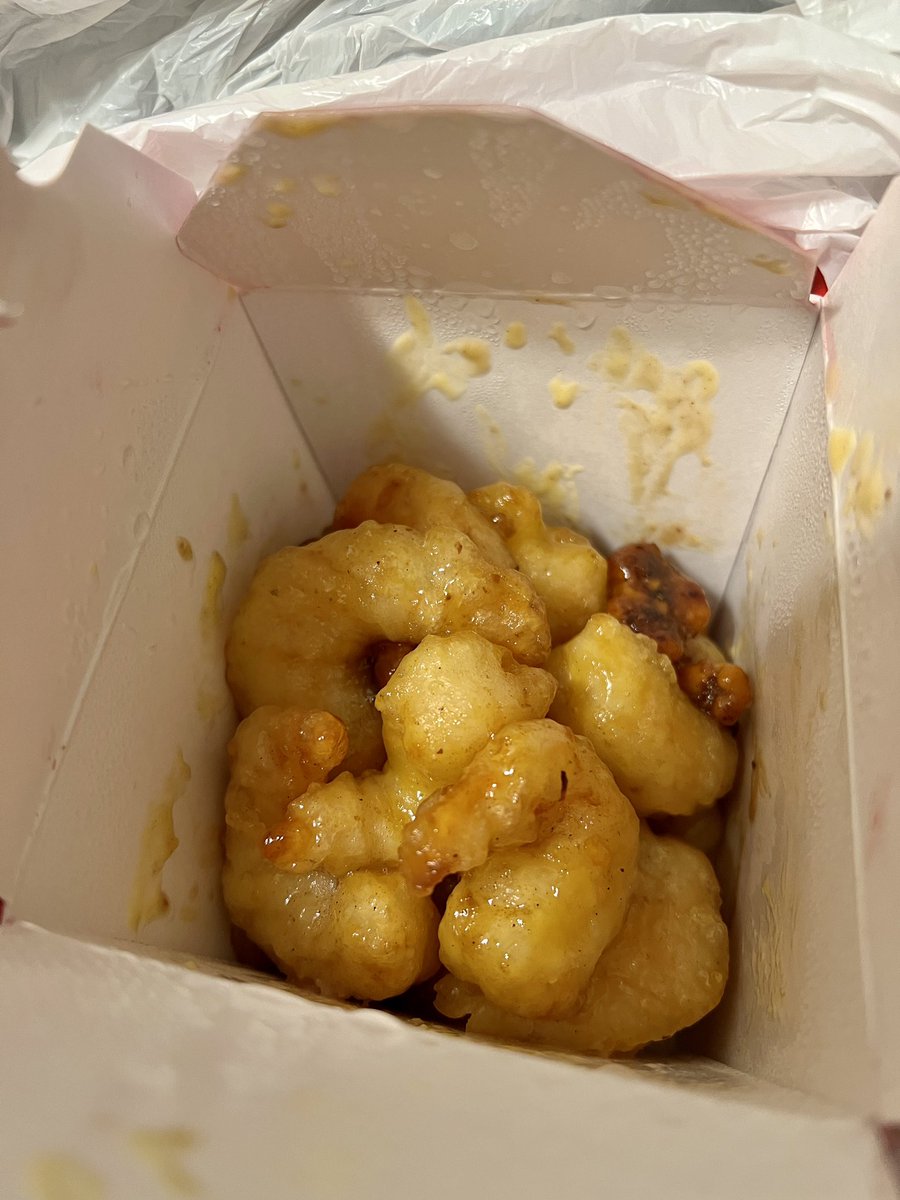 Hey <a href="/PandaExpress/">Panda Express</a>, for shame. For years, ordering a large ala carte box of shrimp got us actual large boxful of food. Tonight’s box is only half full. “Owner said we now can only put 21 pieces,” mgr said. How in good conscience can you claim this is $17 worth? Feeling robbed.