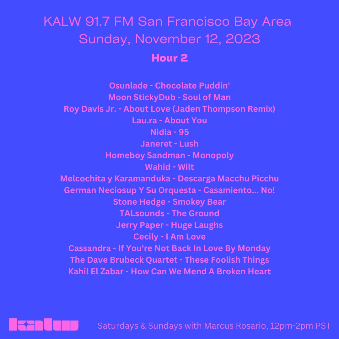 Mawkus 🇵🇷 (@marcus_rosario) on Twitter photo my latest <a href="/KALW/">KALW</a> radio shows ~  
🎶▶️ <a href="/ShunjiFujii/">Shunji Fujii⛵️</a> <a href="/HomeboySandFans/">Homeboy Sandman Fans</a> <a href="/wahidpraisesdue/">Wahid.</a> <a href="/Badgeepoque/">Badge Époque Ensemble</a> <a href="/MdCL/">Mark de Clive-Lowe</a> <a href="/bbemusic/">BBE Music</a> <a href="/Radiorahill/">Rahill Jamalifard</a> <a href="/MiguelAtwdFrgsn/">Miguel A.-F.</a> <a href="/yayabeybay/">Midas</a> <a href="/keysnkrates/">KEYS N KRATES</a> <a href="/wejazzhelsinki/">We Jazz</a> <a href="/jculpeppermusic/">Joel Culpepper</a> <a href="/monlaferte/">Mon Laferte</a> y mas!
#124 on.soundcloud.com/U5FLf
#123 on.soundcloud.com/sYQGe my latest <a href="/KALW/">KALW</a> radio shows ~  
🎶▶️ <a href="/ShunjiFujii/">Shunji Fujii⛵️</a> <a href="/HomeboySandFans/">Homeboy Sandman Fans</a> <a href="/wahidpraisesdue/">Wahid.</a> <a href="/Badgeepoque/">Badge Époque Ensemble</a> <a href="/MdCL/">Mark de Clive-Lowe</a> <a href="/bbemusic/">BBE Music</a> <a href="/Radiorahill/">Rahill Jamalifard</a> <a href="/MiguelAtwdFrgsn/">Miguel A.-F.</a> <a href="/yayabeybay/">Midas</a> <a href="/keysnkrates/">KEYS N KRATES</a> <a href="/wejazzhelsinki/">We Jazz</a> <a href="/jculpeppermusic/">Joel Culpepper</a> <a href="/monlaferte/">Mon Laferte</a> y mas!
#124 on.soundcloud.com/U5FLf
#123 on.soundcloud.com/sYQGe