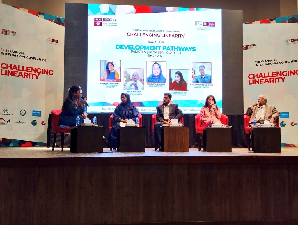 IBACBER's tweet photo. #NowHappening A book talk "Development Pathways: India, Pakistan, Bangladesh" at the #ChallengingLinearity #CBERCON2023

@sess_iba @ibakarachi https://t.co/0oJG3MK0mL
