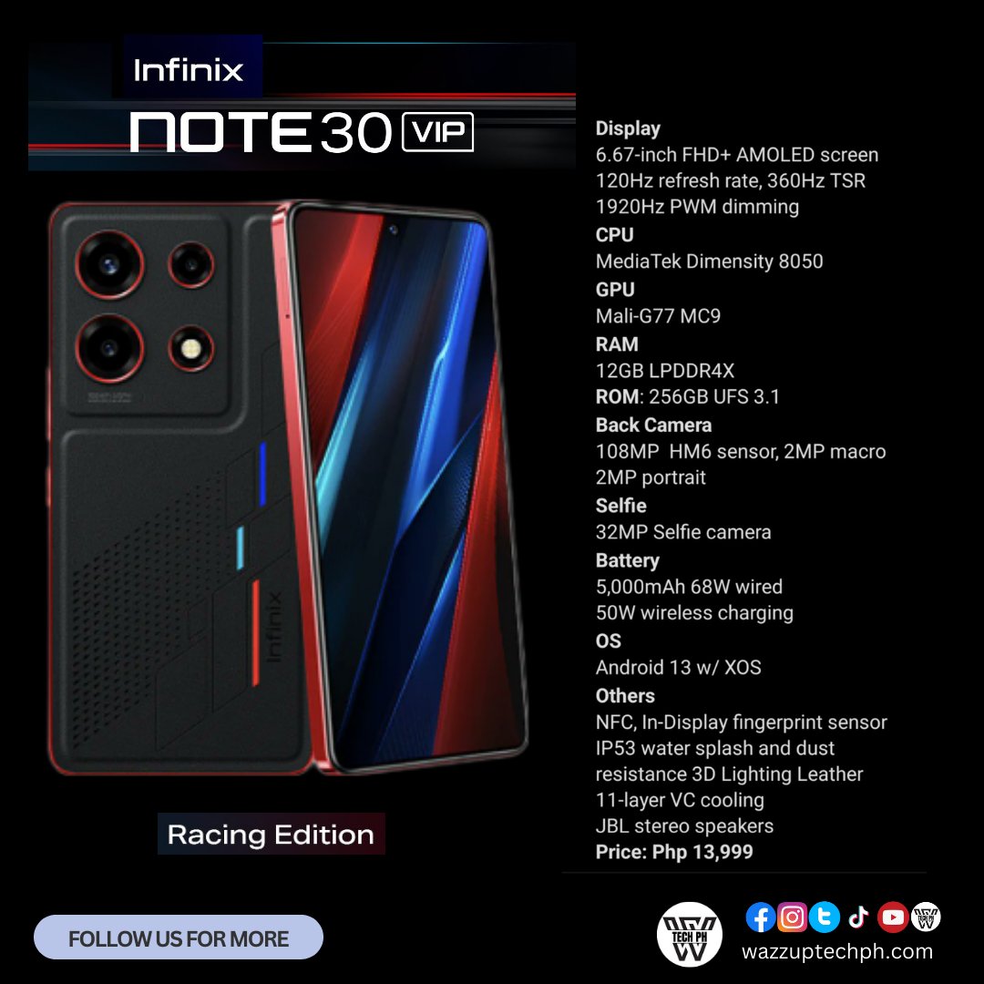 wazzuptechph's tweet image. Infinix Note 30 VIP Racing Edition Specs and Price in the Philippines. Learn more 👇
wazzuptechph.com/infinix-note-3…

Order here 📱🛒👇
Shopee: invl.io/clk9dzr
Lazada: bit.ly/3SFn0WX
Tiktok: vt.tiktok.com/ZSN5UcxVb/

#infinixnote30vipracingedition #wazzuptechph #technews