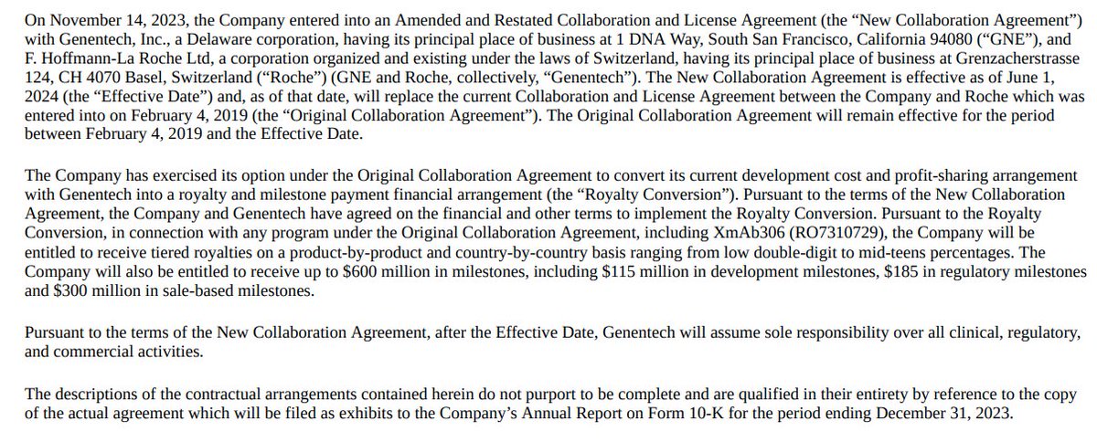 $XNCR & $RO.SW | $ROG.SW | $RHHBY
🇺🇸🇨🇭
Xencor & Roche

Entered into an Amended & Restated Collaboration & License Agreement
>convert development cost &  profit-sharing arrangement w/ Genentech into a royalty & milestone payment financial arrangement

investors.xencor.com/static-files/e…