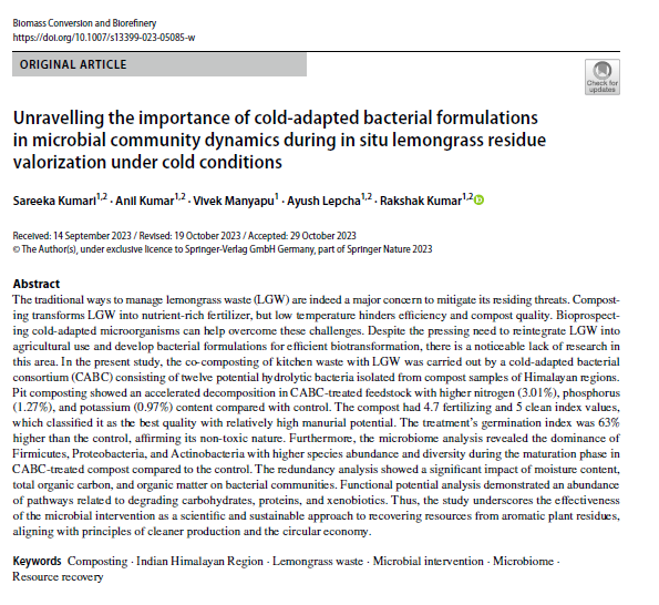As part of the <a href="/SpringerNature/">Springer Nature</a> content-sharing initiative, I am happy to share our article on microbial consortia-assisted lemongrass residue valorization under cold conditions rdcu.be/drdey. Congratulations <a href="/hamlab_ihbt/">High Altitude Microbiology Lab, IHBT</a> team <a href="/Sar33ka/">Sareeka Kumari</a> <a href="/AnilChauhan91/">Anil Chauhan</a> <a href="/AyushTs/">Ayush Lepcha</a>   (1/3)