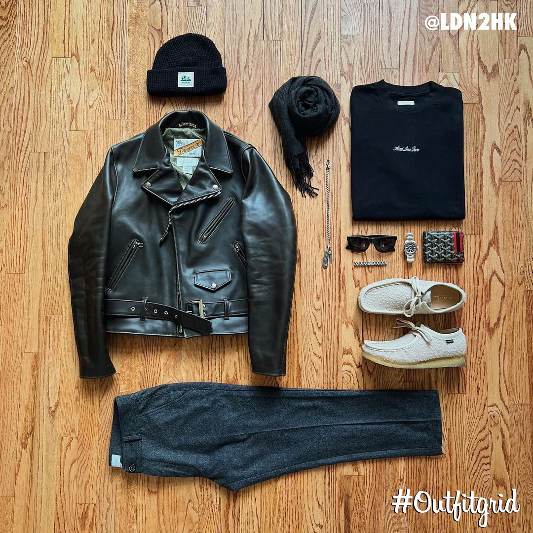 outfitgrid's tweet photo. Today's top #outfitgrid is by @ldn2hk.
▫️ #AimeLeonDore x #SchottNYC #LeatherJacket, #Beanie & #Tee
▫️ #ILoveUgly #Pants
▫️ #RetroSuperFuture #Sunglasses
▫️ #GrandSeiko #Watch
▫️ #AimeLeonDore x #Clarks #Wallabees https://t.co/e53ZWtenkY