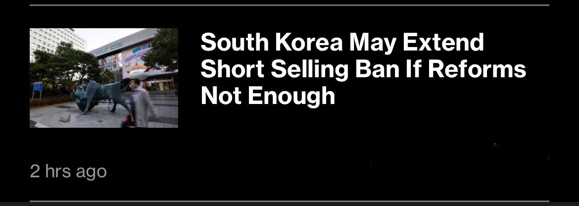 McSqueezyTheCow's tweet photo. (Bloomberg) -- 

“South Korea may extend its total ban on short selling of stocks beyond June next year if reform measures are deemed insufficient, the country’s financial regulator said.”

The temporary ban on short selling in South Korea may have a longer stay “if the system improvements are not enough”, said Kim So-young, vice chairman at the Financial Services Commission (FSC), South Korea’s financial regulator.

Earlier in the week, South Korean President, Yoon Suk Yeol’s also gave remarks that the ban will stay in place until fundamental improvements are made to prevent more harm to retail investors, According to the Bloomberg article.

These remarks were likely well received from retail investors who argue that “the trade practice gives unfair advantages to institutional and global investors.”

—-

TLDR: South Korea is not taking short selling lightly; this after a previous ban of naked short selling altogether.

Should the situation not improve, the FSC is ready to double down and kick the ban - can further down the road.

—-

wen america 

—-

#SouthKorea #SystemicRisk #BankCrisis #MemeBanks #ShortSelling #Ban #StockMarket #NAKEDSHORTS

https://t.co/cnBW4Arxgg