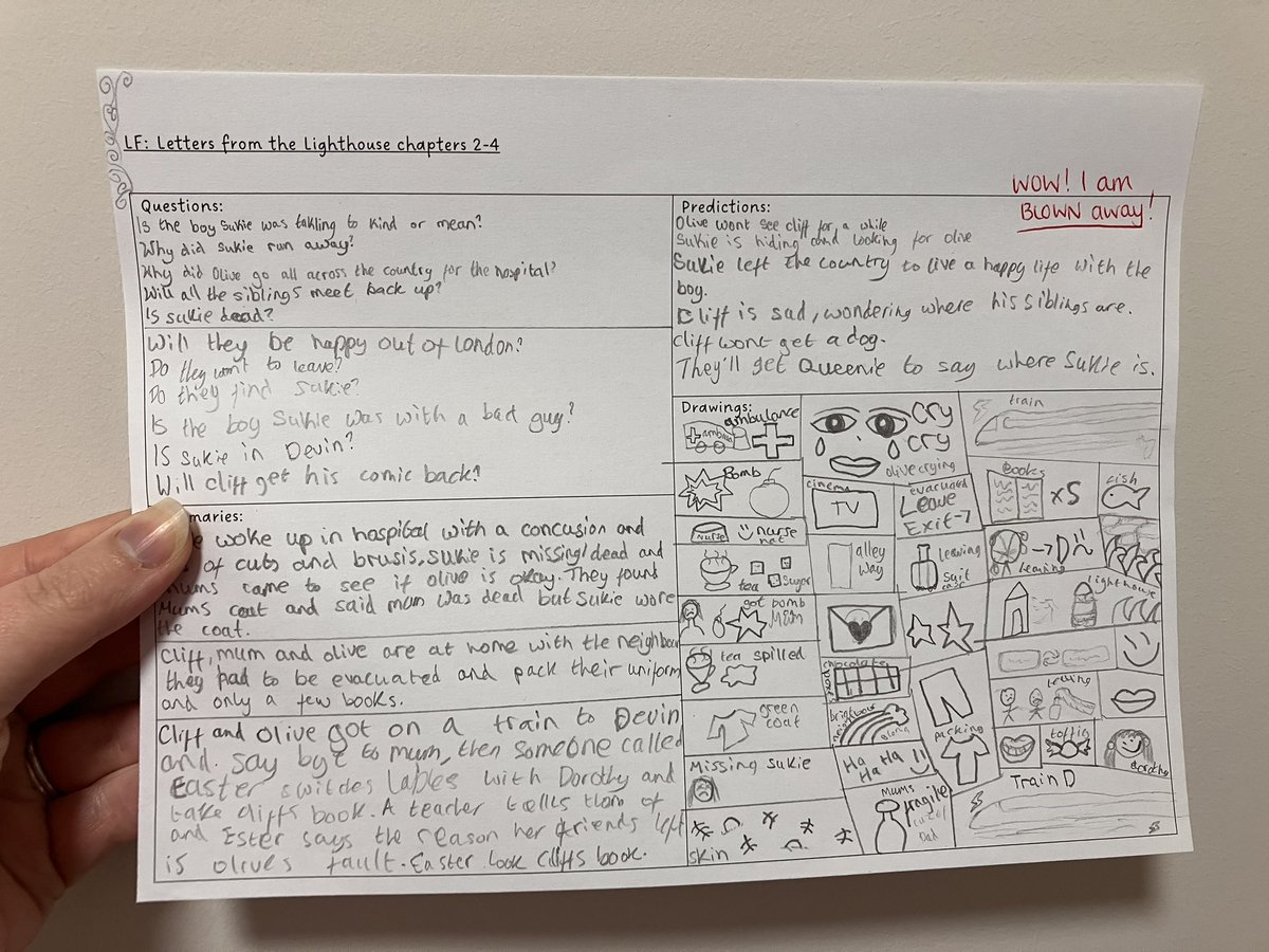 eenalol's tweet image. Developed this for summarising, predicting and wondering. This is definitely something I’ll do again. 

As I read, they had to make predictions, draw pictures, ask questions and summarise at the end of every chapter. They really loved this; I feel it made my kids really listen.