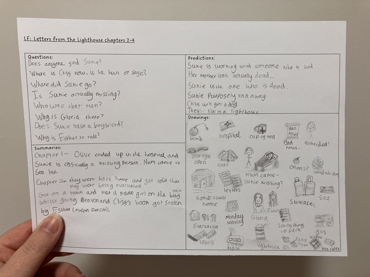 eenalol's tweet image. Developed this for summarising, predicting and wondering. This is definitely something I’ll do again. 

As I read, they had to make predictions, draw pictures, ask questions and summarise at the end of every chapter. They really loved this; I feel it made my kids really listen.