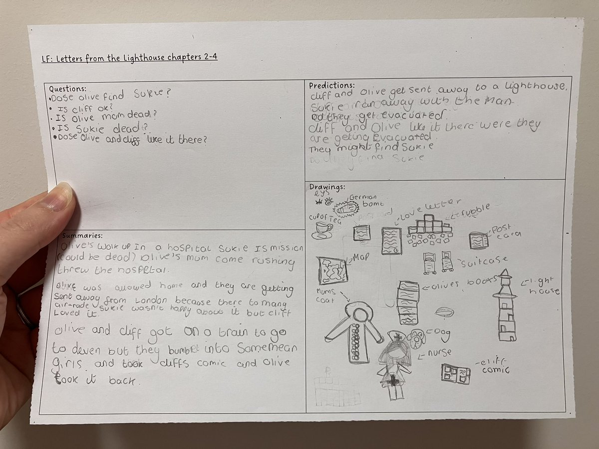 eenalol's tweet image. Developed this for summarising, predicting and wondering. This is definitely something I’ll do again. 

As I read, they had to make predictions, draw pictures, ask questions and summarise at the end of every chapter. They really loved this; I feel it made my kids really listen.