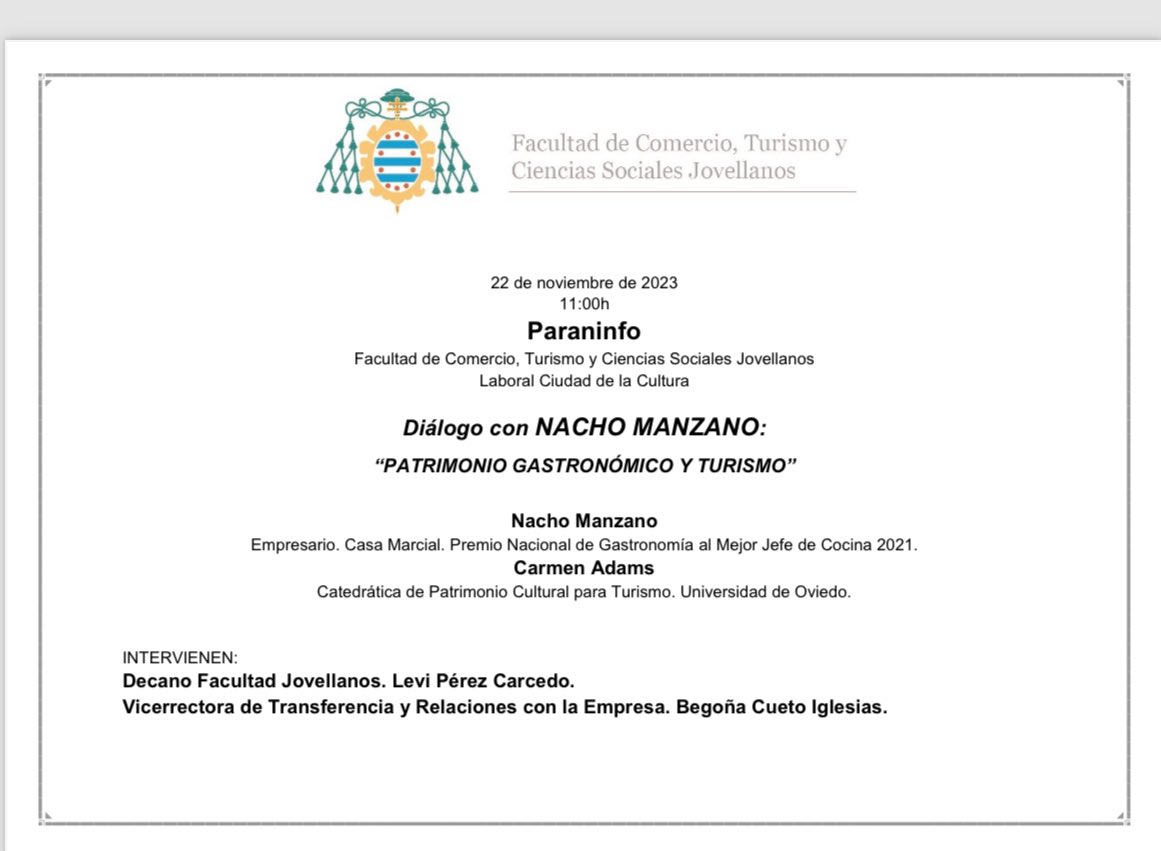Carmen Adams (@carmena26130813) on Twitter photo Gastronomía en la Universidad
Diálogo con <a href="/nachomanzano/">nacho manzano</a> en la <a href="/facjovellanos/">Facultad Jovellanos</a> de <a href="/uniovi_info/">Universidad Oviedo</a> sobre Patrimonio gastronómico y turismo.
La gastronomía como parte de la cultura de Asturias y de su identidad.
Entrada libre
Os esperamos! Gastronomía en la Universidad
Diálogo con <a href="/nachomanzano/">nacho manzano</a> en la <a href="/facjovellanos/">Facultad Jovellanos</a> de <a href="/uniovi_info/">Universidad Oviedo</a> sobre Patrimonio gastronómico y turismo.
La gastronomía como parte de la cultura de Asturias y de su identidad.
Entrada libre
Os esperamos!
