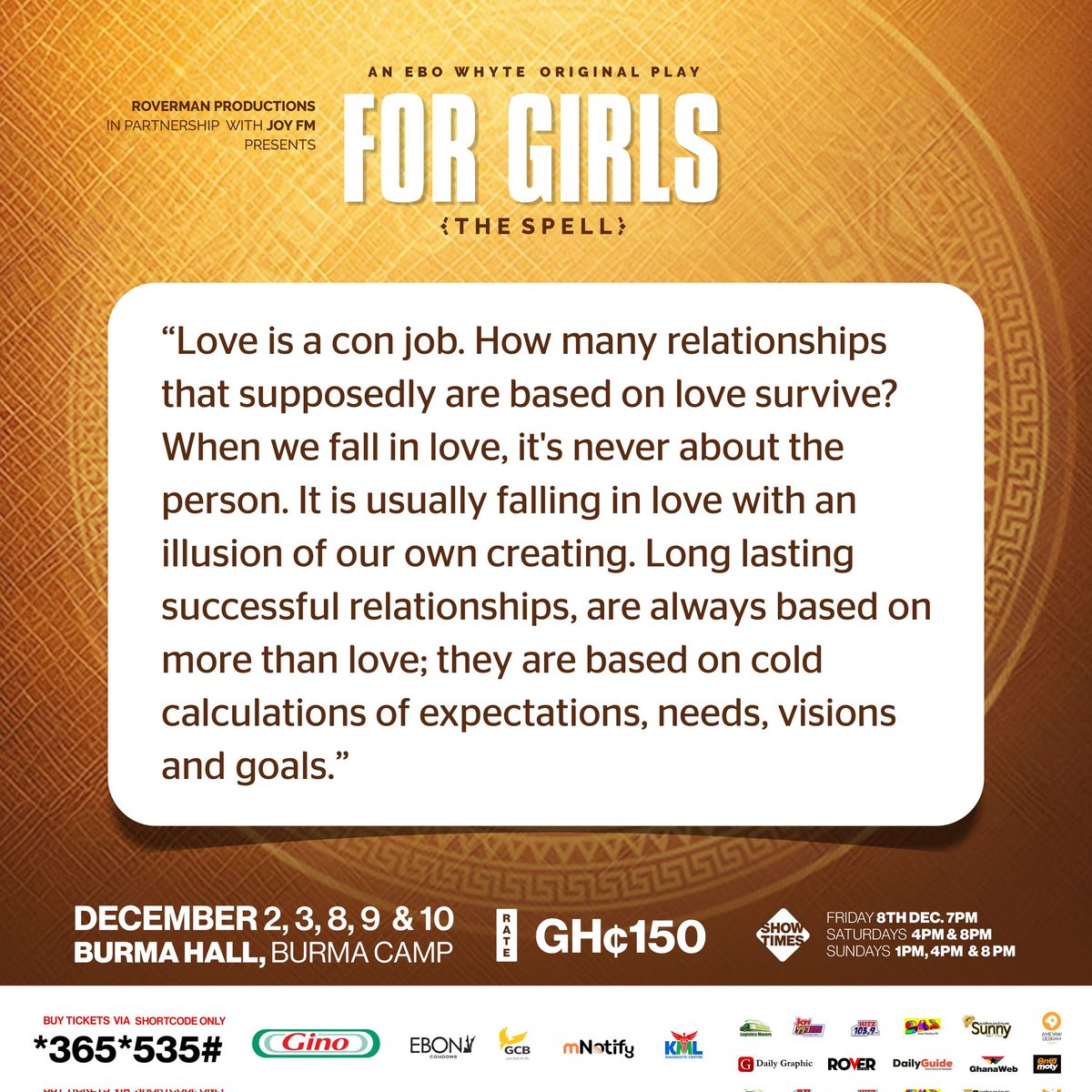 UncleEboWhyte's tweet photo. A line from my play FOR GIRLS- THE SPELL.
What are your thoughts on it? 

Dial *365*535# for tickets.
#ForGirls https://t.co/U7SPNH7XHG