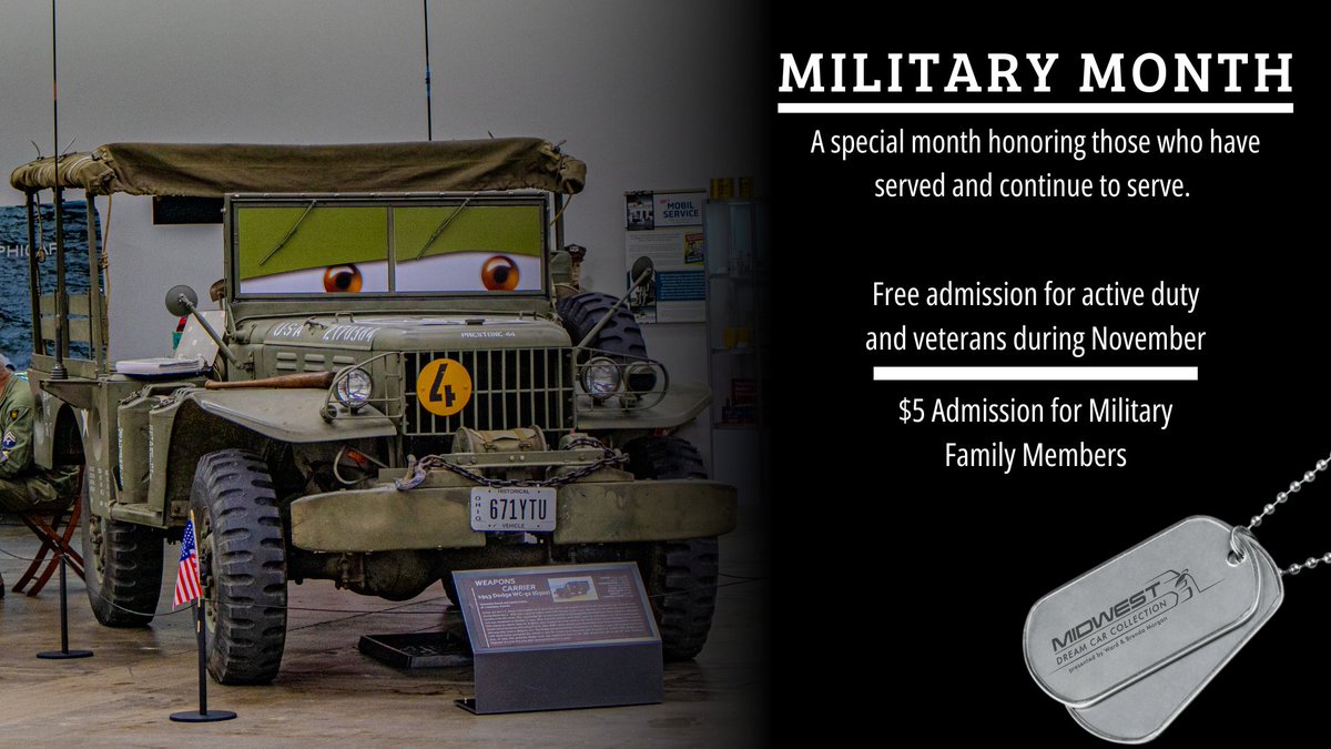 As Military Month continues, we want to remind our heroes that active-duty military and veterans receive free admission to the collection throughout November! Explore our special military display featuring uniforms from Fort Riley Museums and impressive military vehicles on loan.