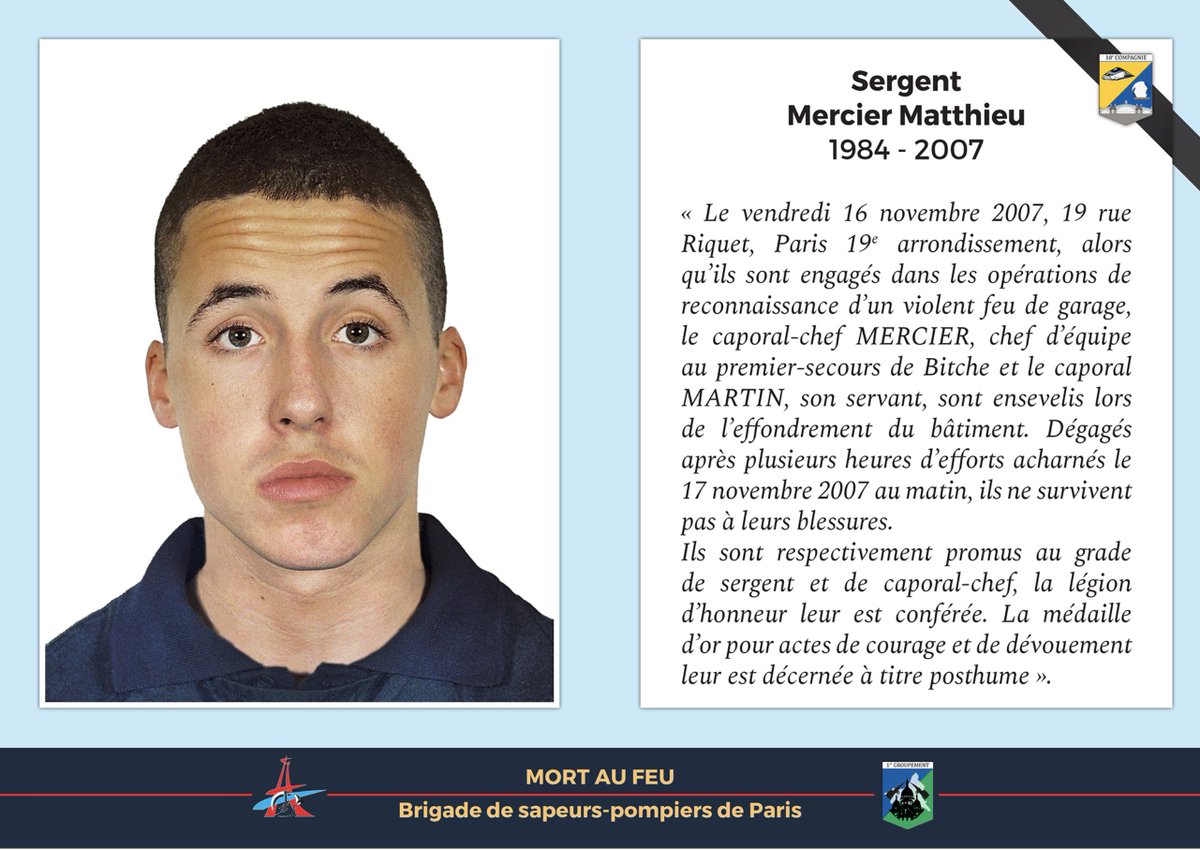 ⚫️#Hommage

La Brigade n'oublie pas.

Il y a 16 ans, le sergent Mercier et le caporal-chef Martin trouvaient la mort lors d'un feu de garage automobile rue Riquet à Paris.

Depuis ce tragique accident, tous les lundis matin, leurs noms sont cités lors de l'appel des morts au feu.
