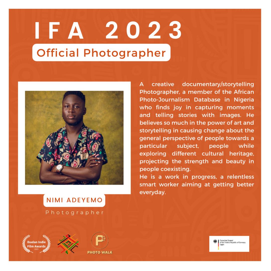 Ibadan_IFA's tweet photo. NIMI ADEYEMO is our Official Photographer for IFA 2023 with the amazing team from the Photowalk community @phoenixtribeafr

IFA is delighted to have Nimi &amp; his Team on our side.

Link to register in bio

23rd-25th Nov, 2023
12pm daily. 
New Culture Studio, Mokola Ibadan https://t.co/Zs0waW2FTg