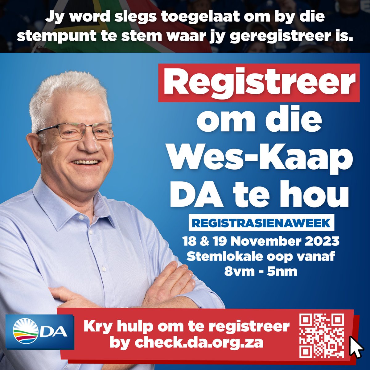 WesternCapeDA's tweet photo. 🚨 | KENNISGEWING!

🗓 Registrasienaweek: 18 &amp; 19 November 2023
🔔 Stemlokale oop: 8:00 – 17:00
❗ NB: Bring jou ID saam

🌐 Jy kan ook hulp kry om te registreer by https://t.co/weCwdhNe9U

Registreer om die Wes-Kaapse DA te behou!

#RegisterToVoteDA https://t.co/rX09H6fAzs