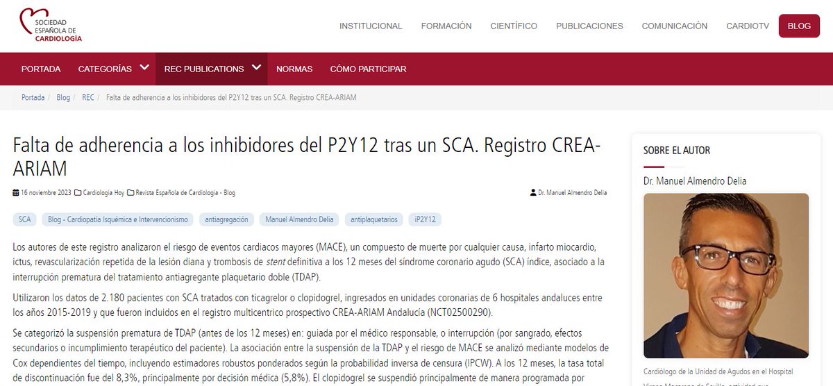 secardiologia's tweet photo. "En este registro multicéntrico, 1 de cada 12 pacientes suspendió precozmente la terapia dual antiplaquetaria durante el primer año tras el SCA", destaca el Dr. Manuel Almendro. #BlogREC @RevEspCardiol https://t.co/J5iVieONeN https://t.co/NFrE3AkGPf